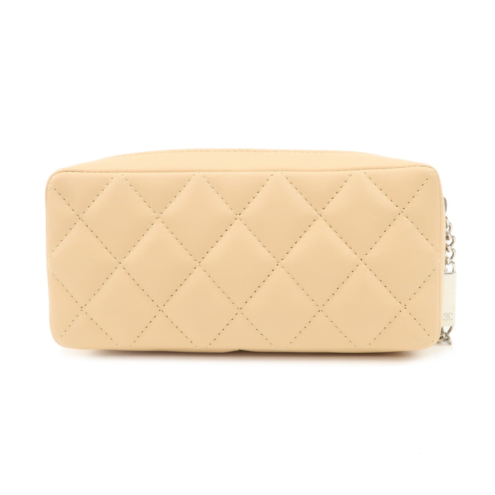 CHANEL Cambon Line Lamb Skin Small Pouch Beige Used