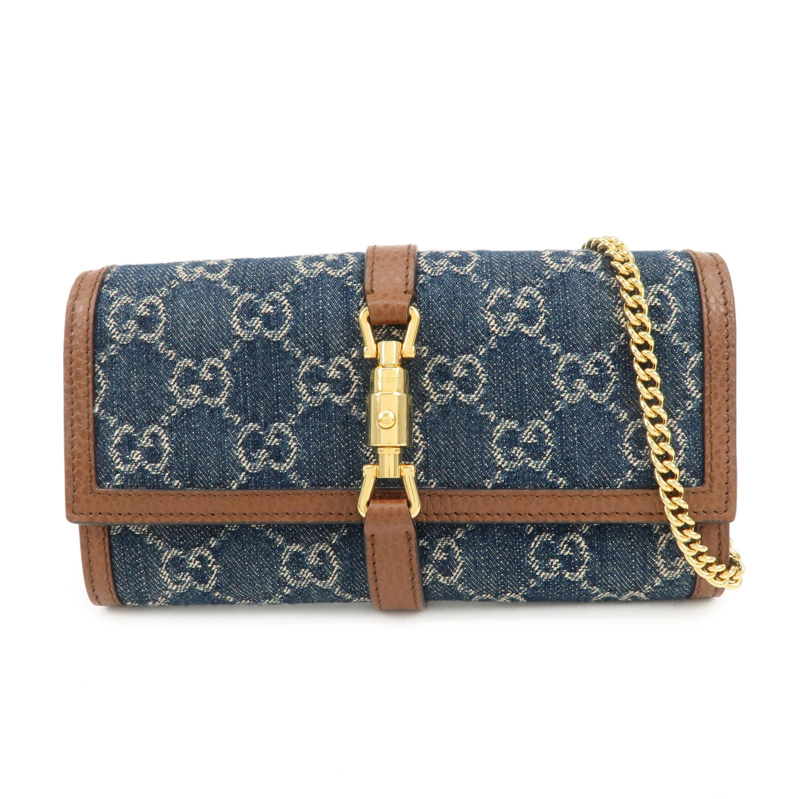 GUCCI-New-Jackie-1961-GG-Denim-Leather-Chain-Wallet-WOC-652681-Used