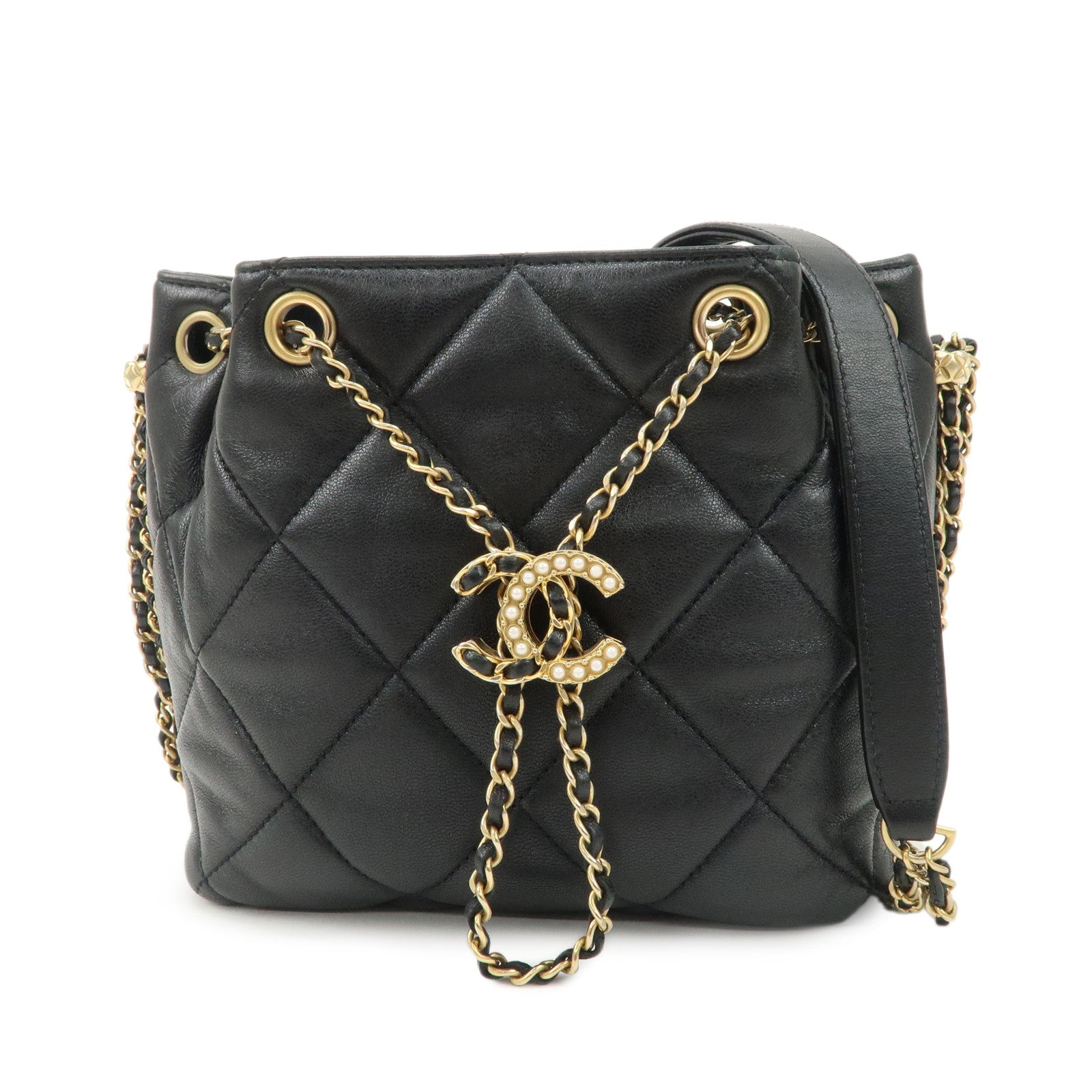 CHANEL-Matelasse-Lamb-Skin-Small-Bucket-Chain-Shoulder-Bag-AS2786-Used