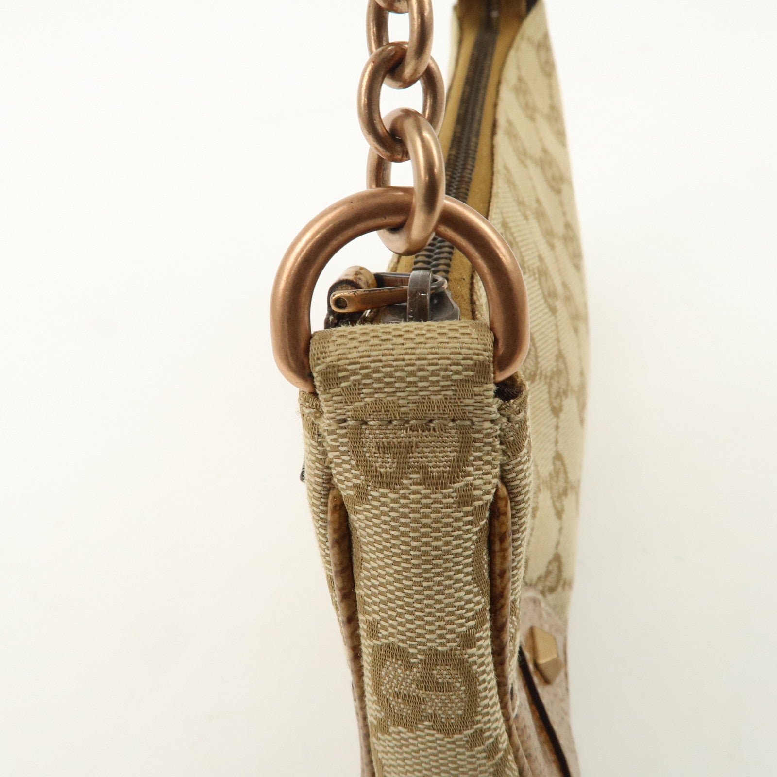 GUCCI GG Canvas Leather Chain Hand Bag Pouch Beige Brown 120940