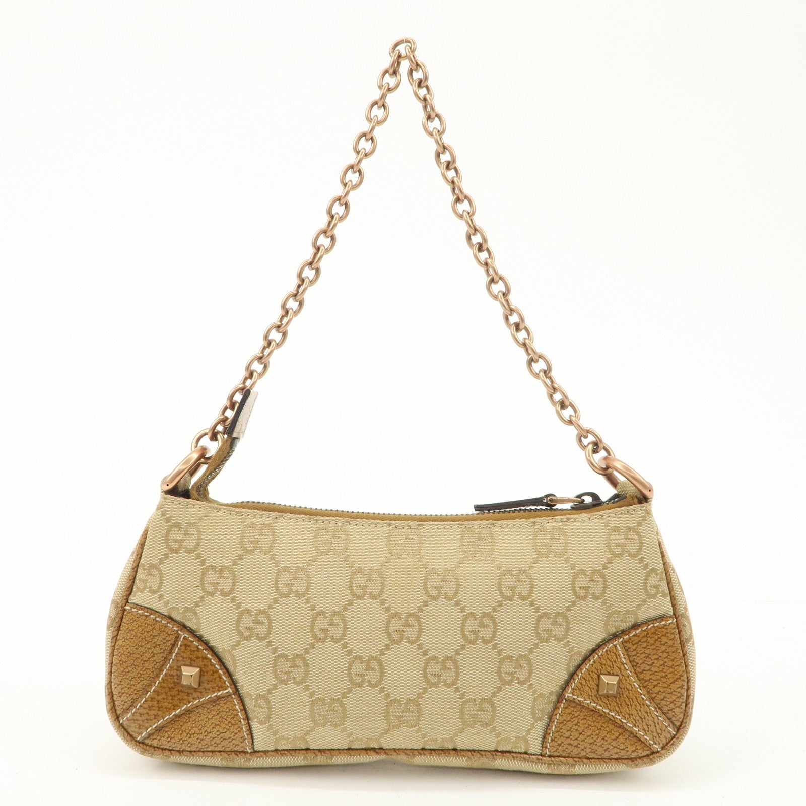 GUCCI GG Canvas Leather Chain Hand Bag Pouch Beige Brown 120940 Used