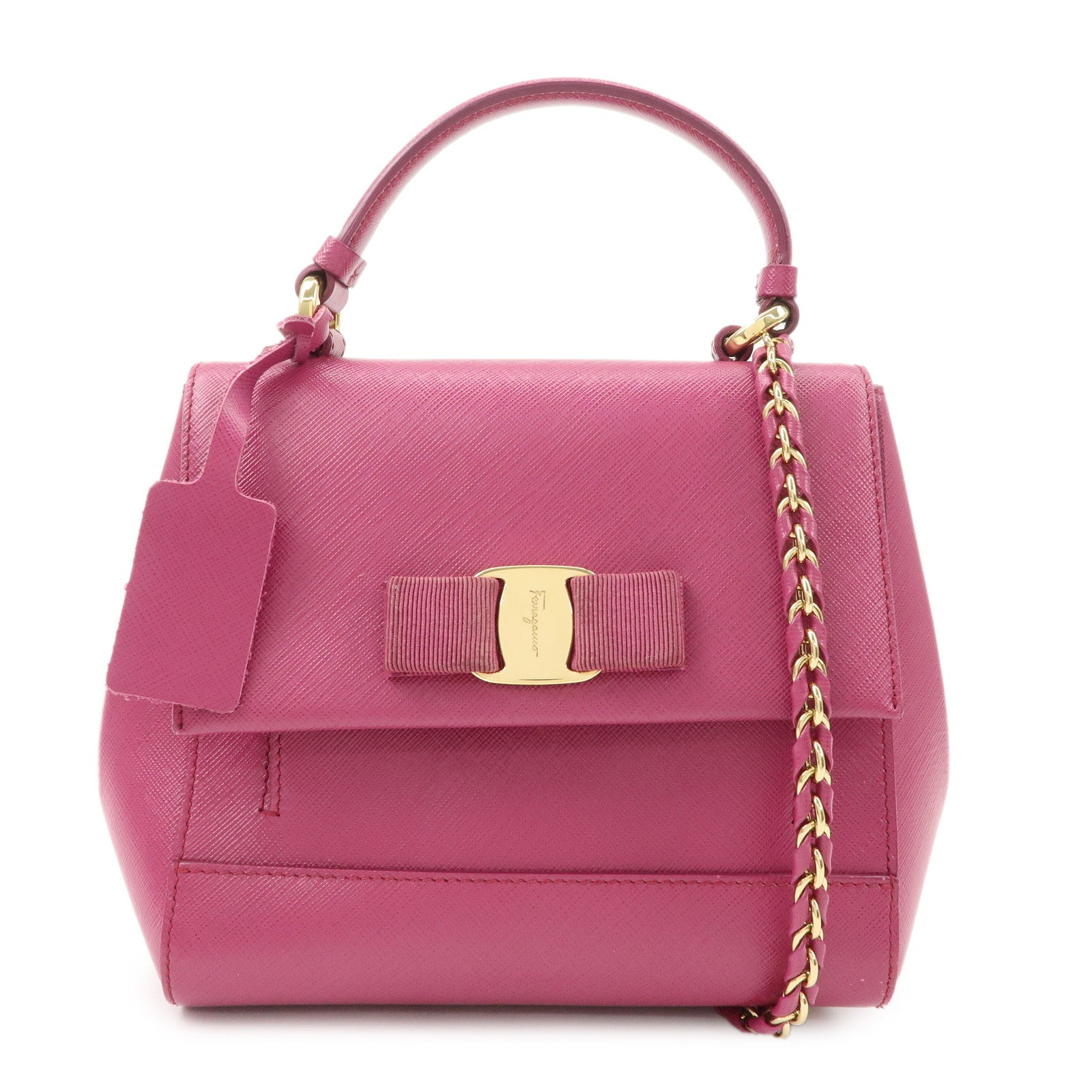 Ferragamo Vara Ribbon Leather 2Way Hand Bag Pink