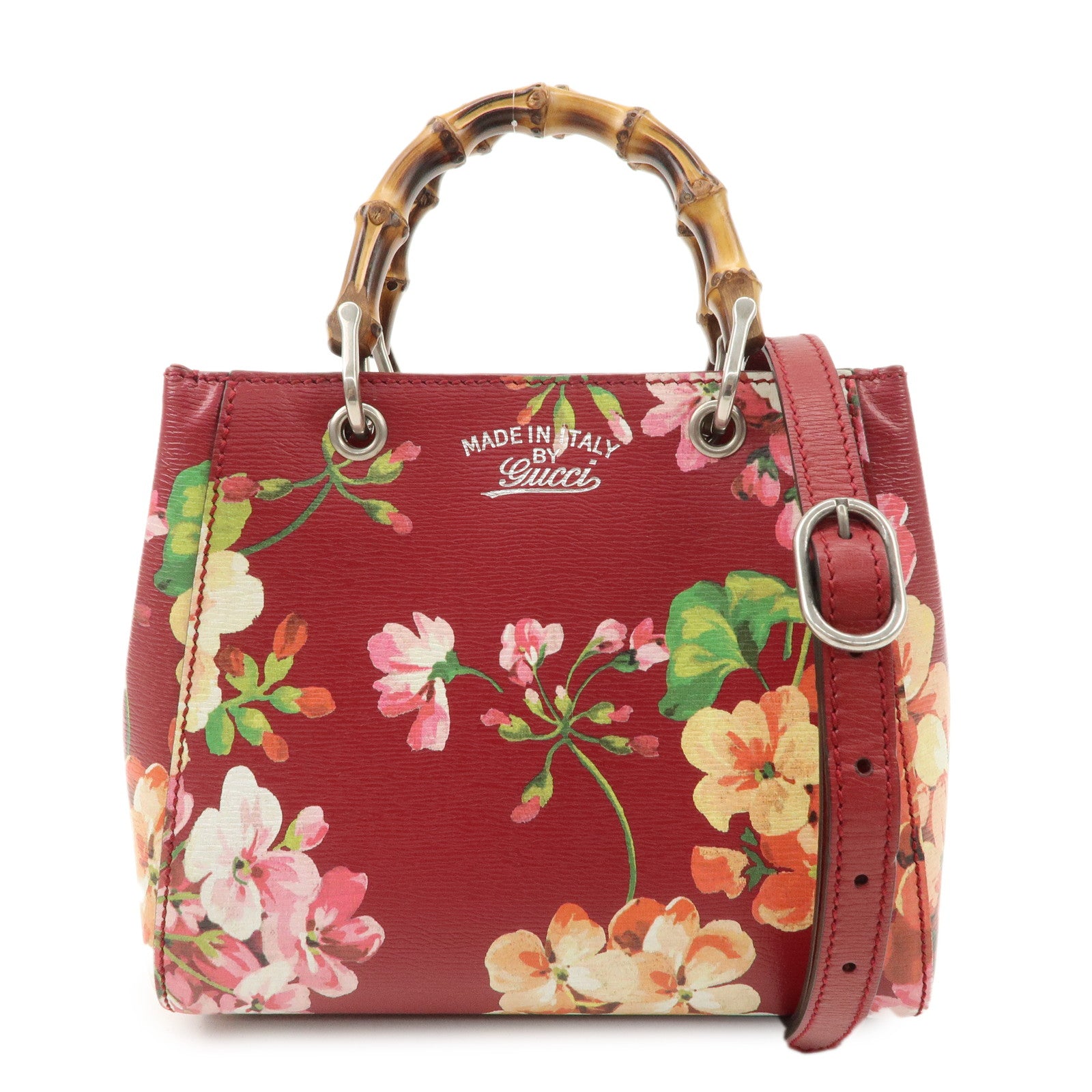 GUCCI Bamboo Leather Flower Mini Shopper 2Way Hand Bag Red 368823