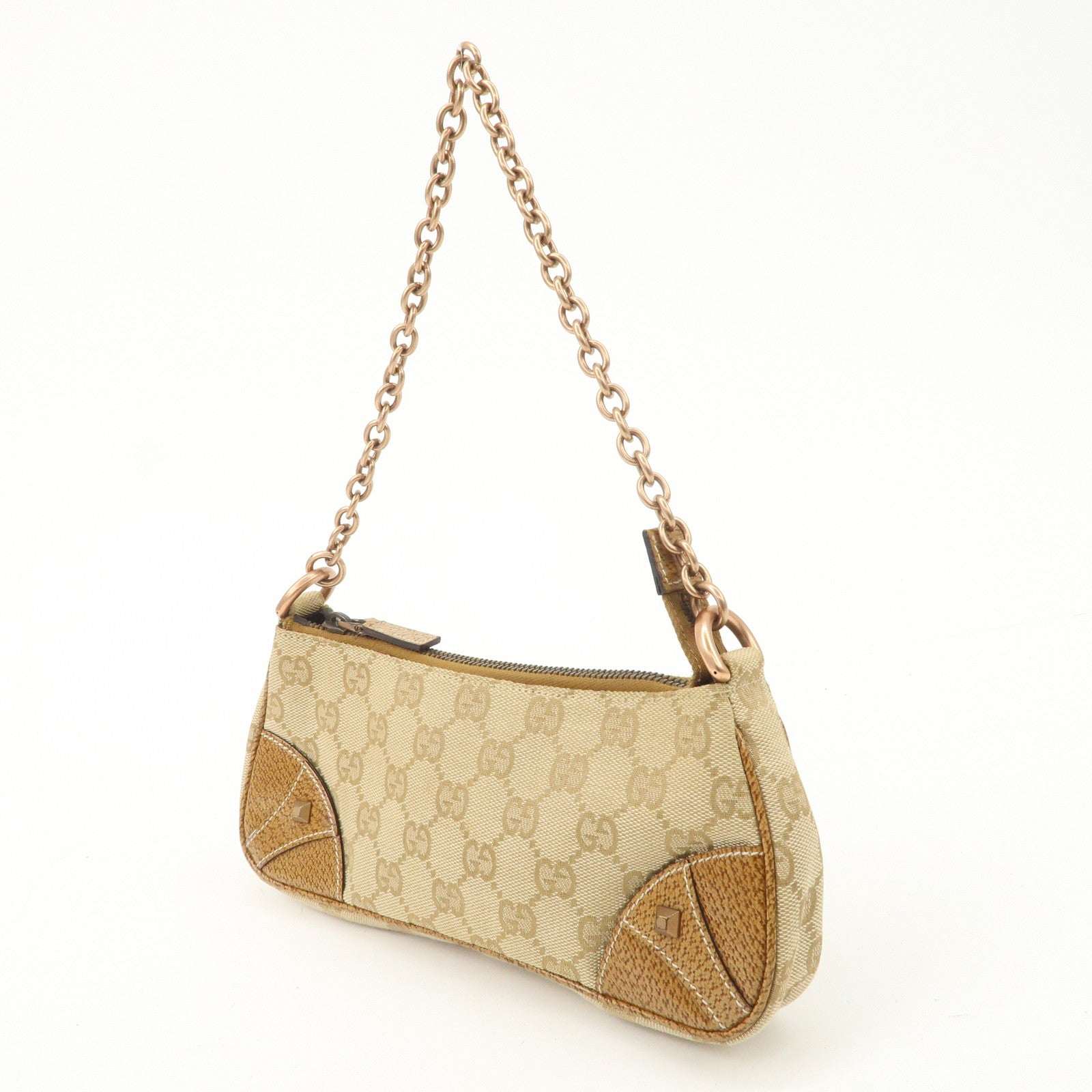 GUCCI GG Canvas Leather Chain Hand Bag Pouch Beige Brown 120940