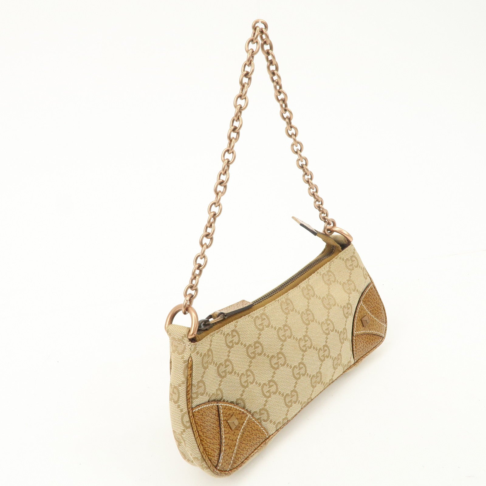 GUCCI GG Canvas Leather Chain Hand Bag Pouch Beige Brown 120940