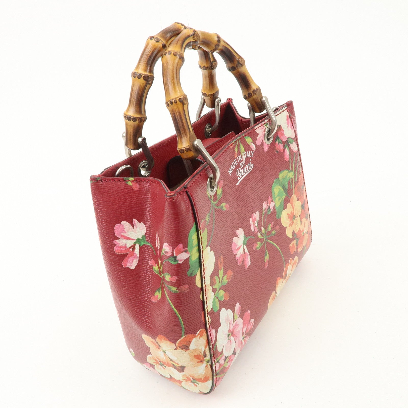 GUCCI Bamboo Leather Flower Mini Shopper 2Way Hand Bag Red 368823