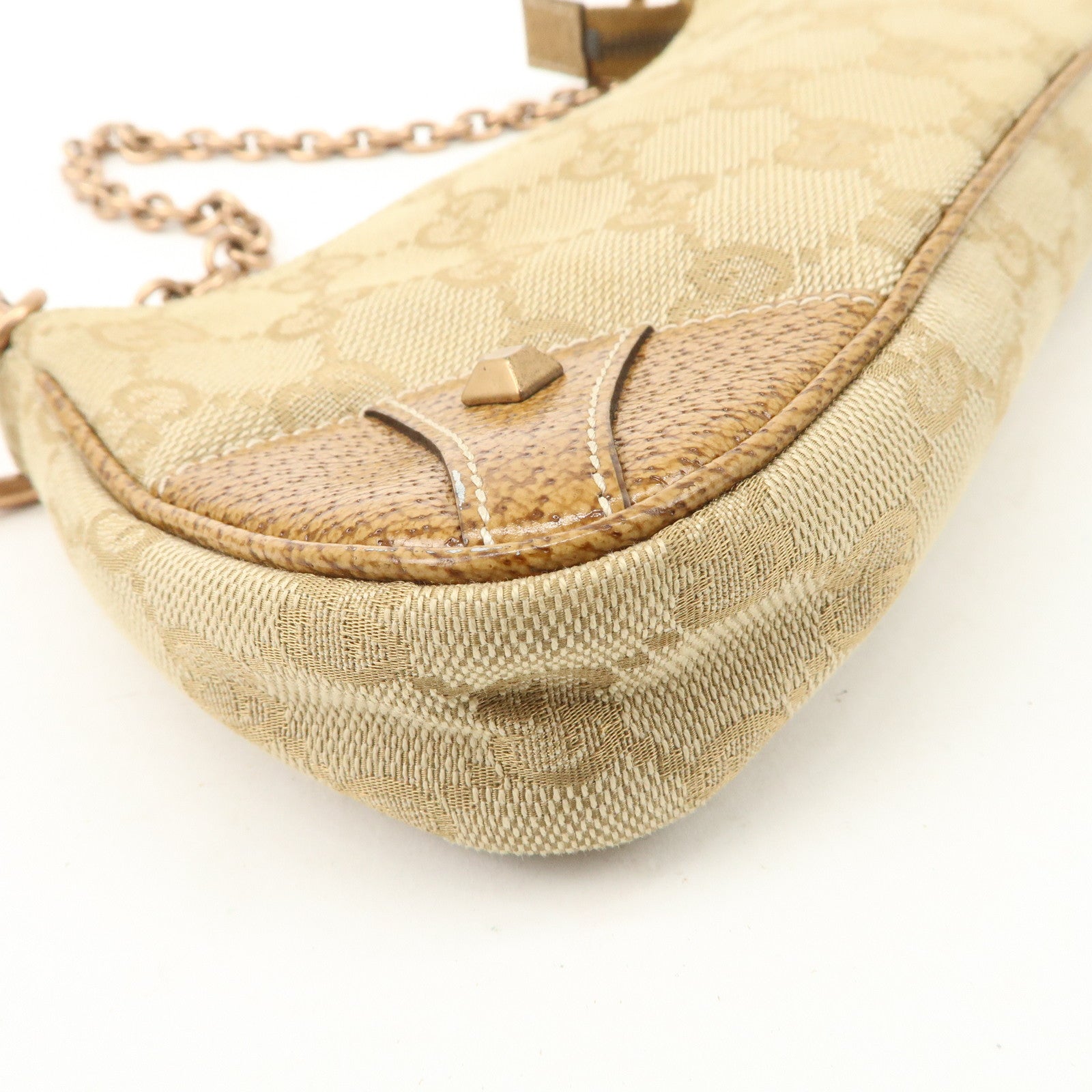 GUCCI GG Canvas Leather Chain Hand Bag Pouch Beige Brown 120940