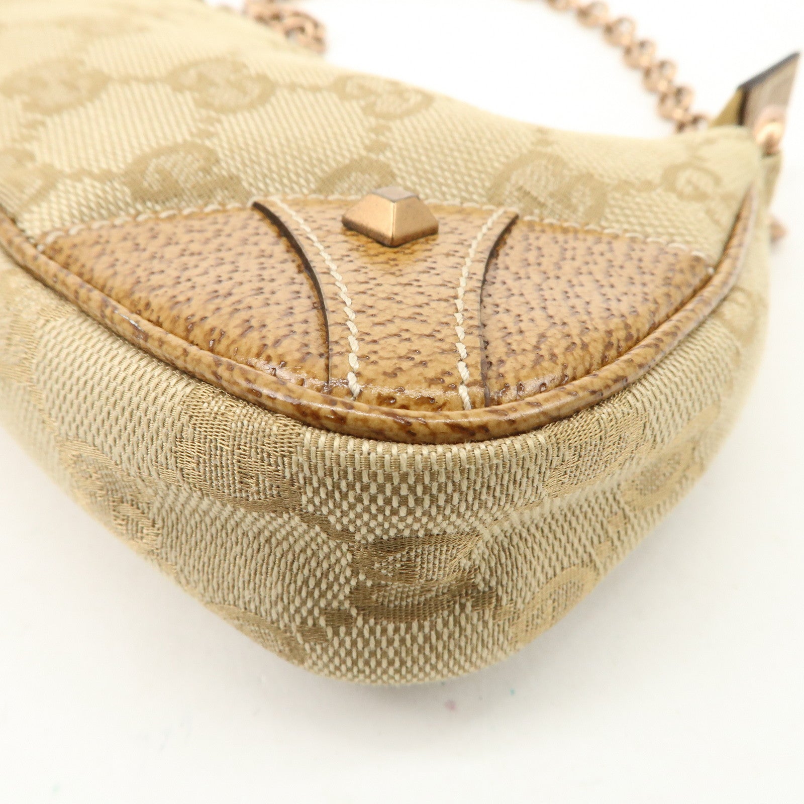 GUCCI GG Canvas Leather Chain Hand Bag Pouch Beige Brown 120940