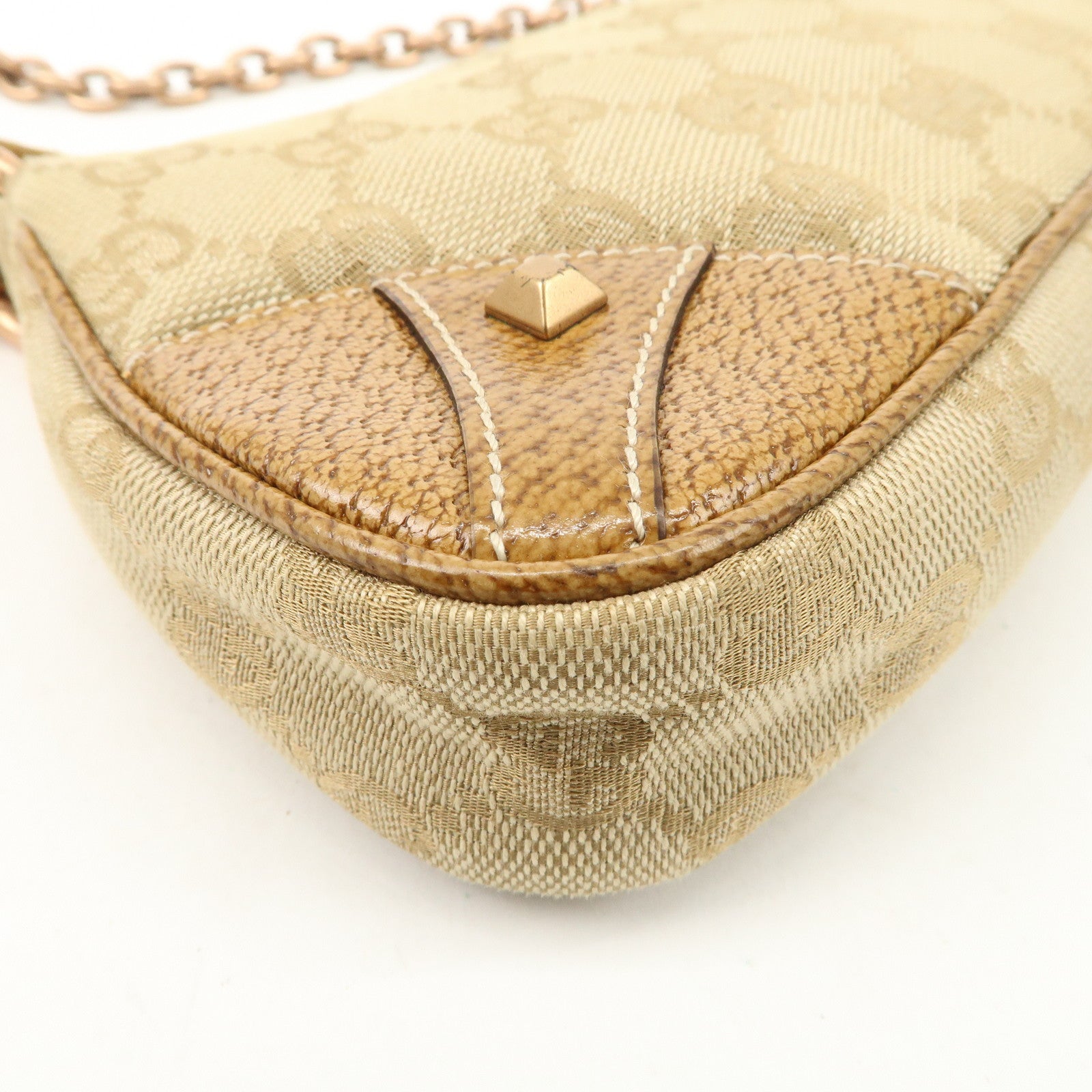 GUCCI GG Canvas Leather Chain Hand Bag Pouch Beige Brown 120940