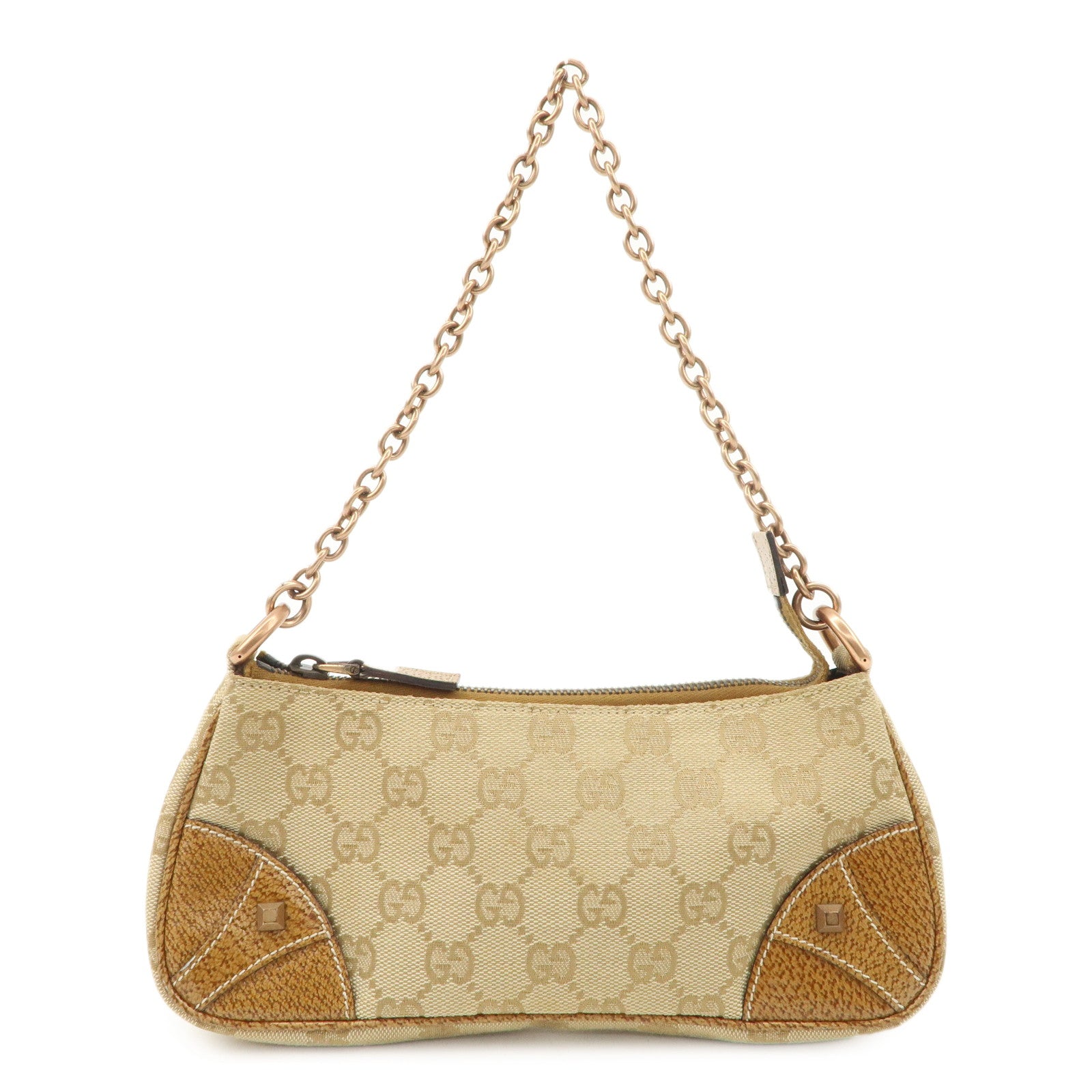 GUCCI GG Canvas Leather Chain Hand Bag Pouch Beige Brown 120940