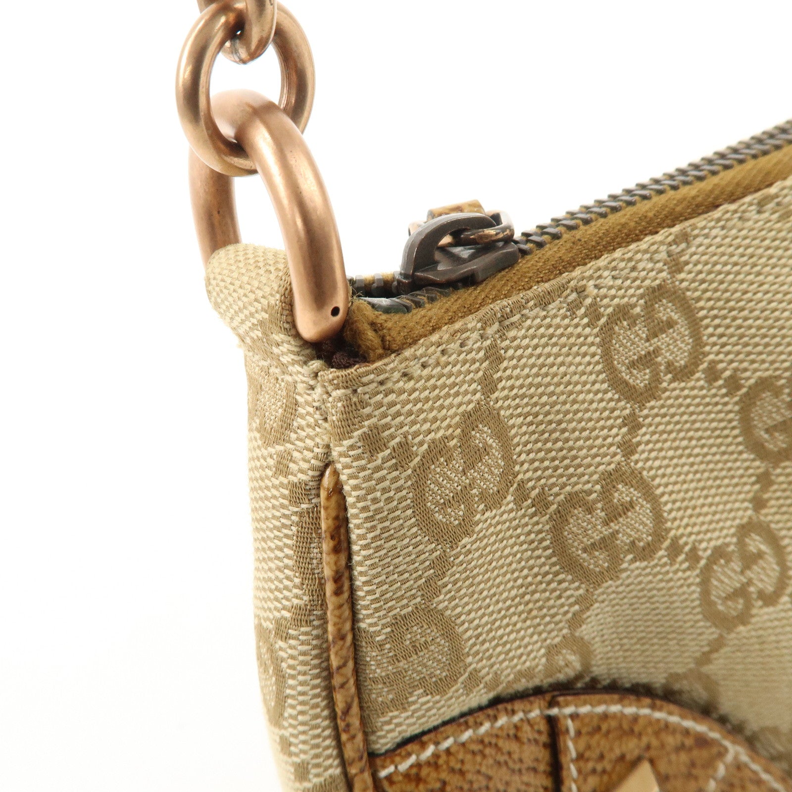 GUCCI GG Canvas Leather Chain Hand Bag Pouch Beige Brown 120940