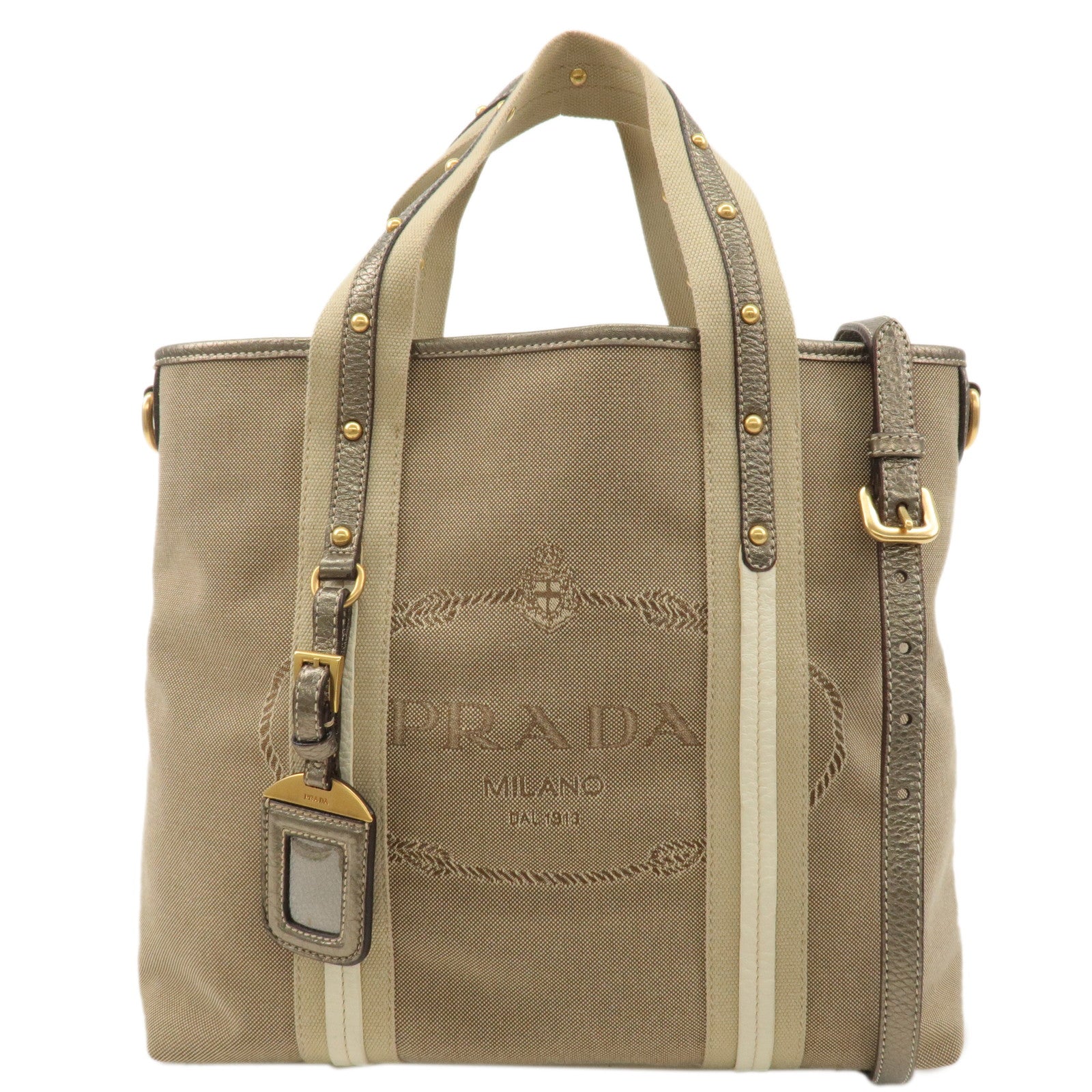 PRADA-Logo-Jacquard-Leather-2Way-Tote-Bag-Beige-Gold-BN1453