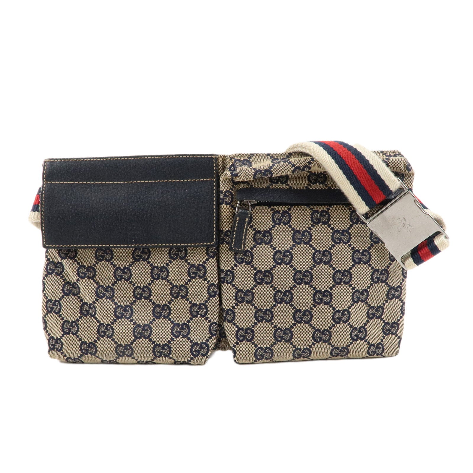 GUCCI Sherry GG Canvas Leather Waist Bag Beige Navy 28566