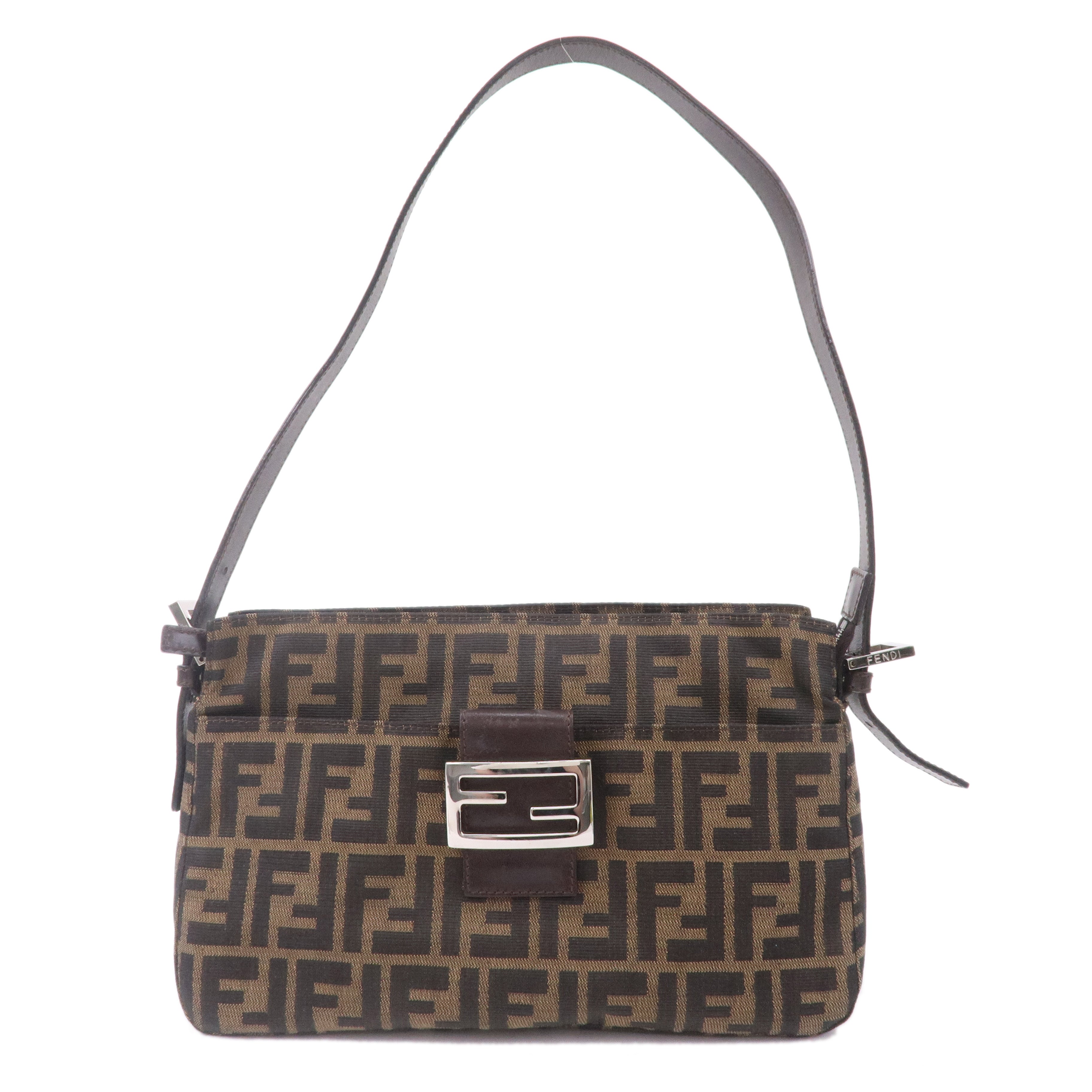 FENDI-Zucca-Canvas-Leather-Shoulder-Bag-Brown-Black-26566