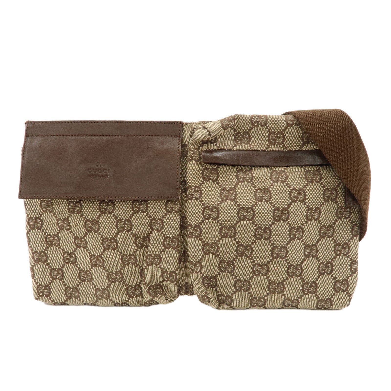 GUCCI-GG-Canvas-Leather-Waist-Bag-Waist-Pouch-Beige-Brown-28566