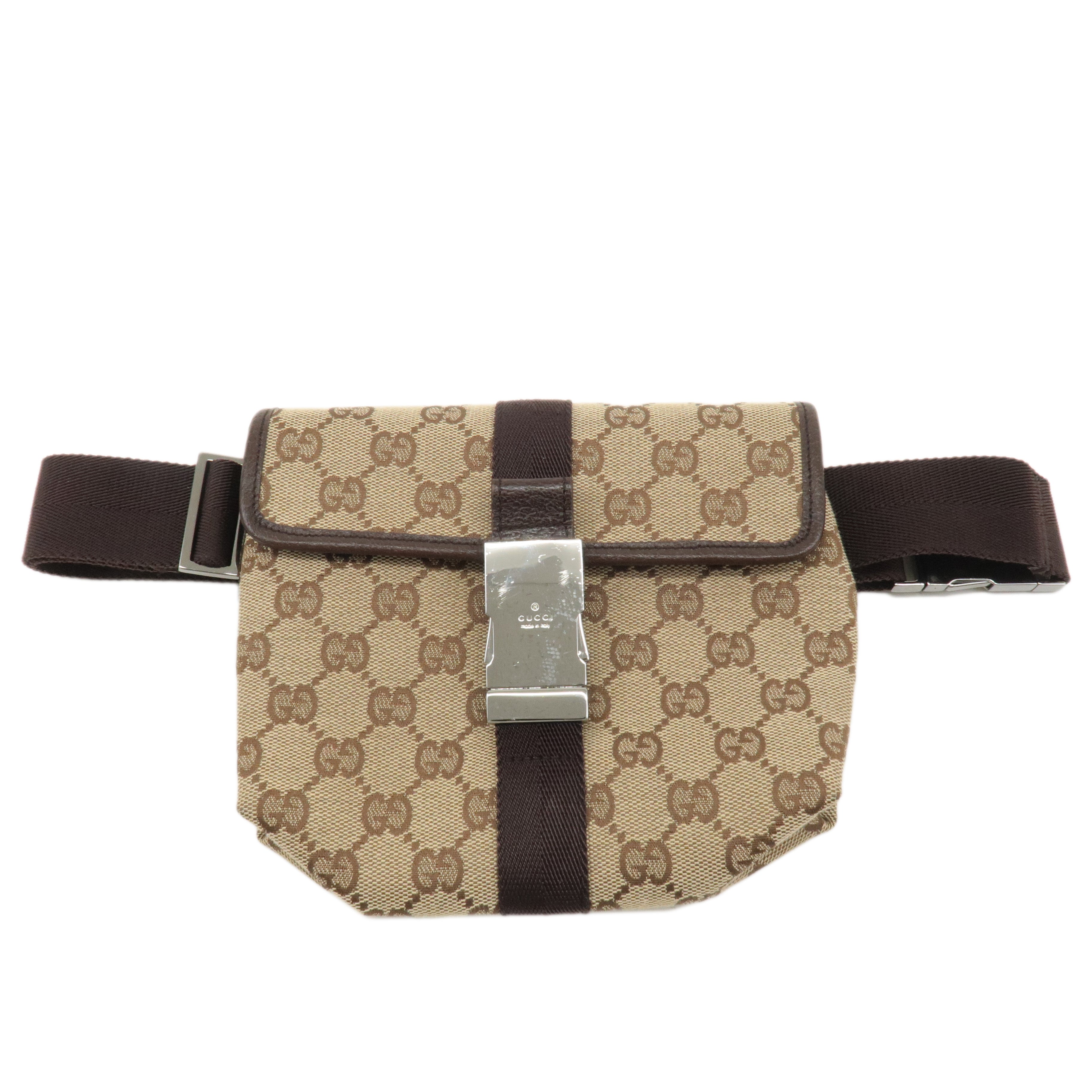 GUCCI GG Canvas Leather Waist Bag Body Bag Beige Brown 121336