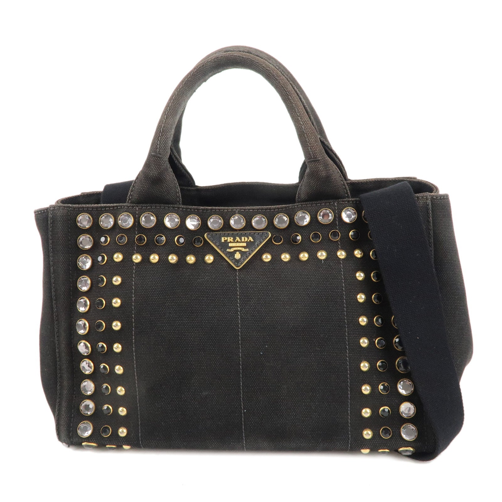 PRADA-Logo-Mini-Canapa-Canvas-Studs-2Way-Hand-Shoulder-Bag-Black