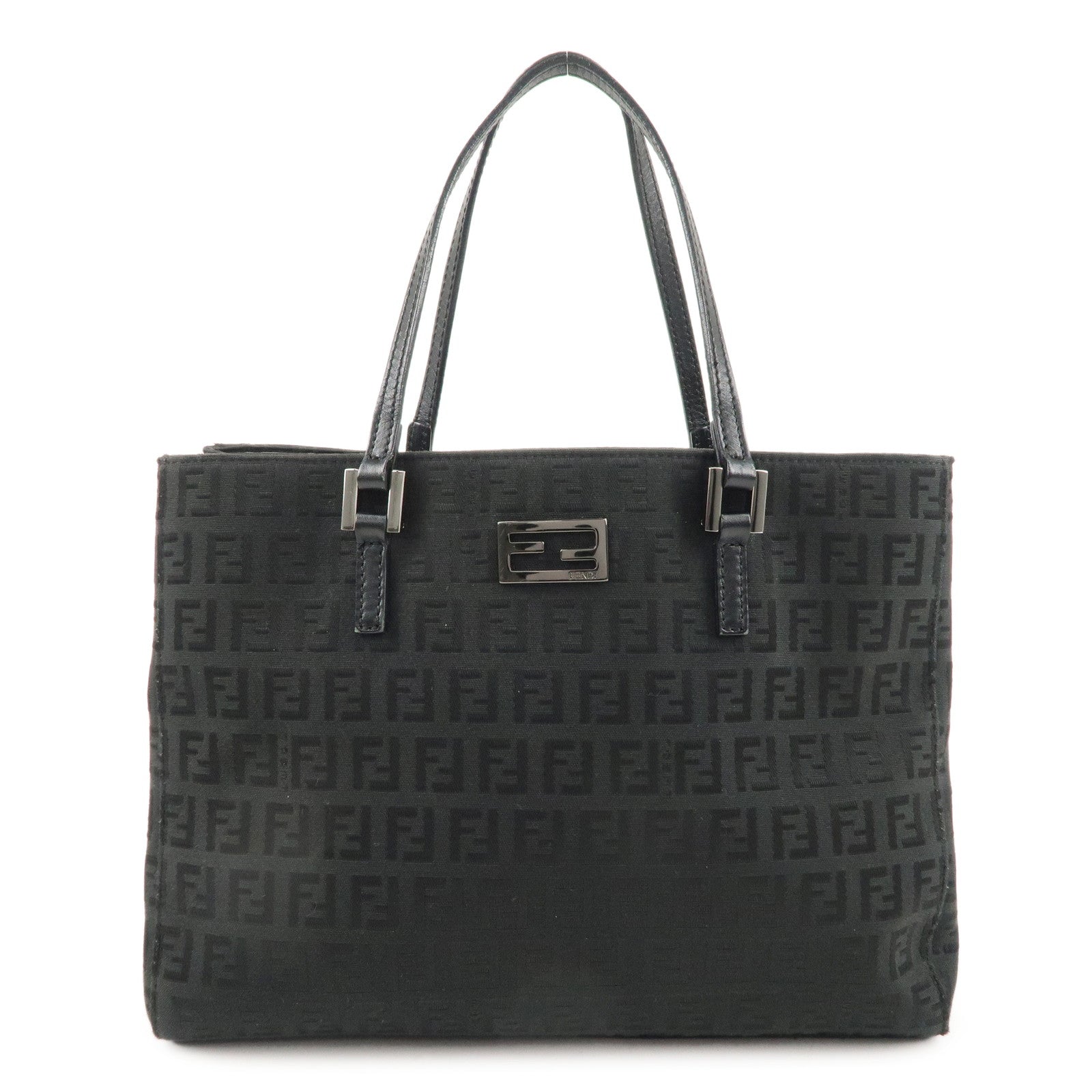 FENDI-Zucchino-Canvas-Leather-Hand-Bag-Tote-Bag-Black-8BH132