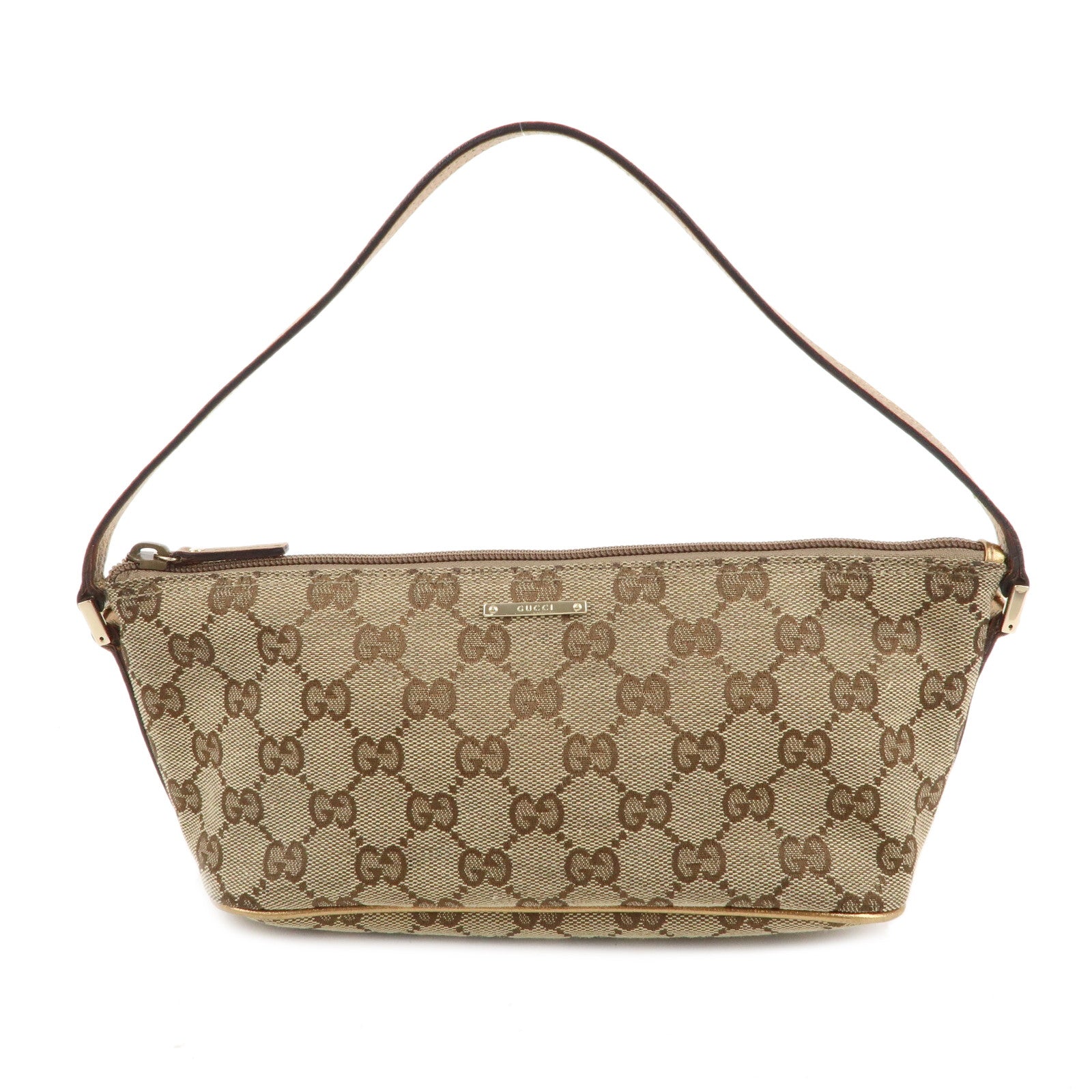 GUCCI Boat Bag GG Canvas Leather Hand Bag Pouch Beige Gold 7198