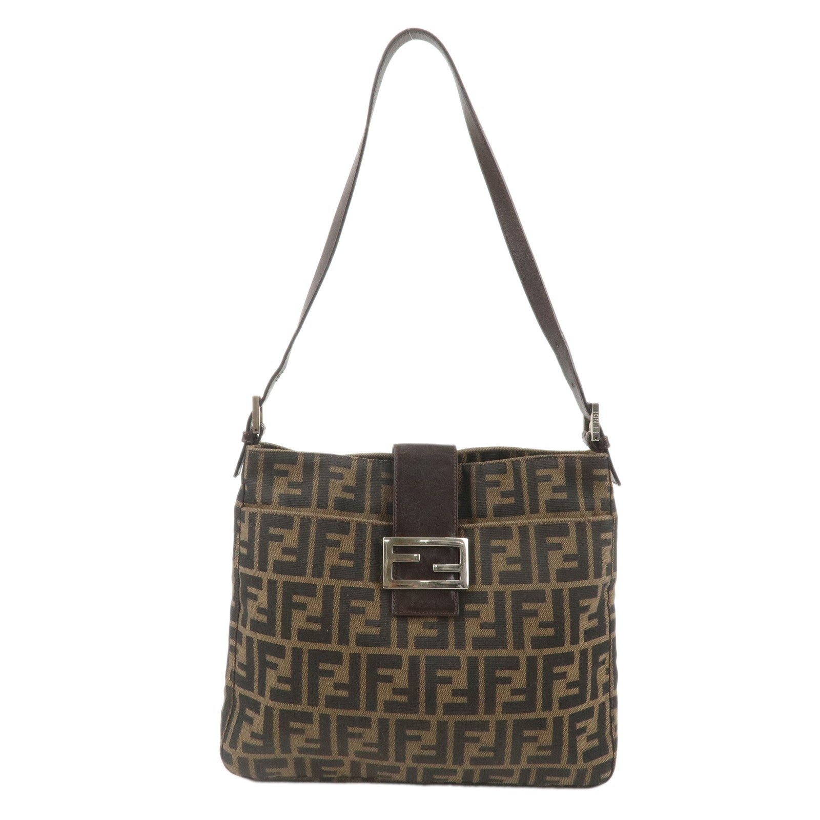 FENDI-Zucca-Canvas-Leather-Shoulder-Bag-Brown-Black-26727