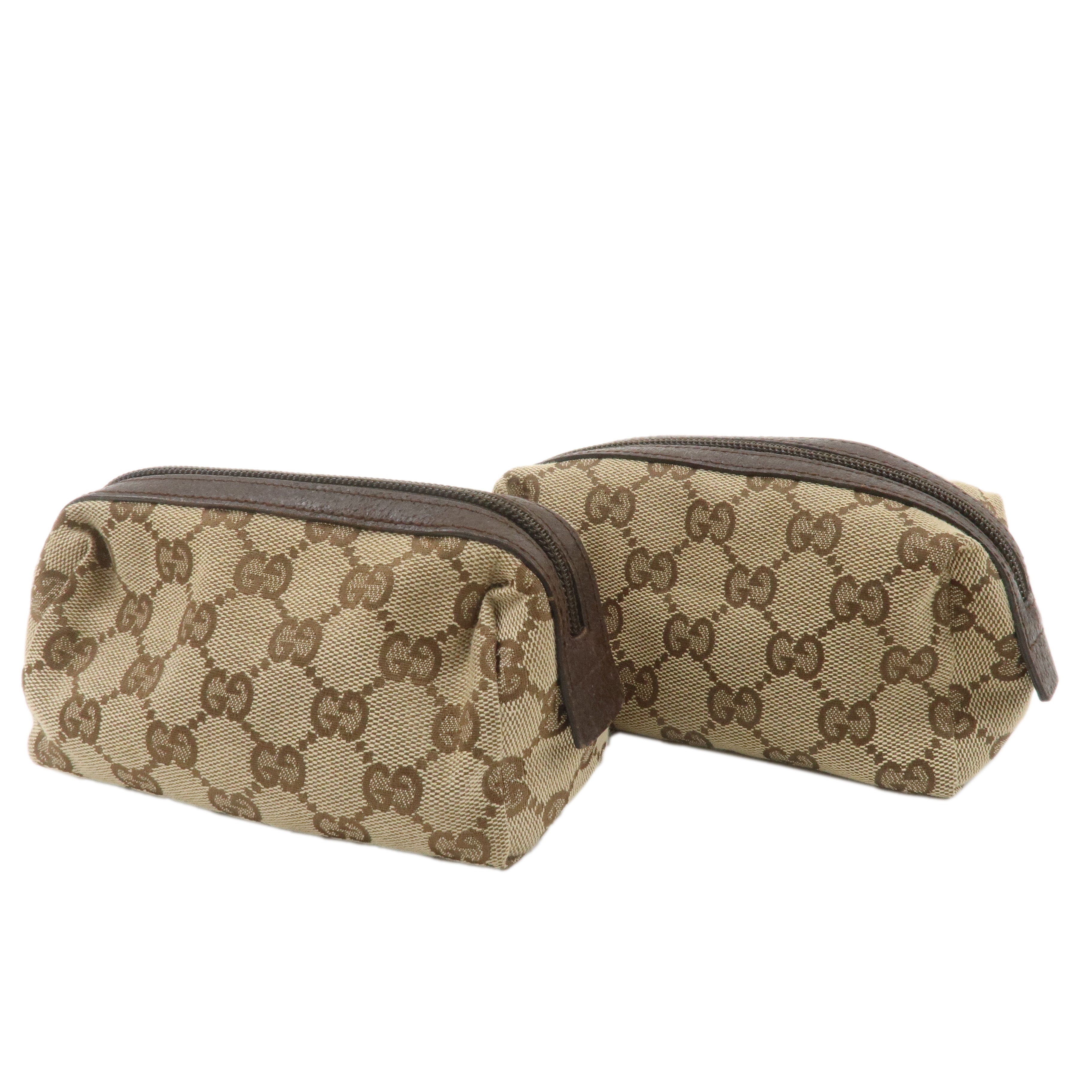 GUCCI Set of 2 GG Canvas Leather Cosmetic Pouch Beige Brown 29596