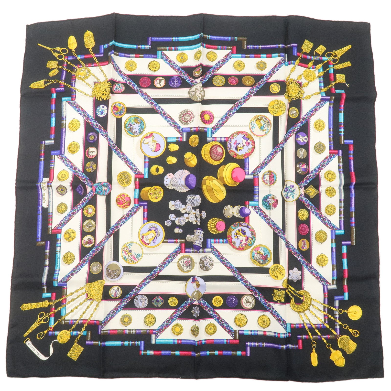 HERMES-Carre-90-100%-Silk-Scarf-Pelile-Main-Seamstress-Print-Black