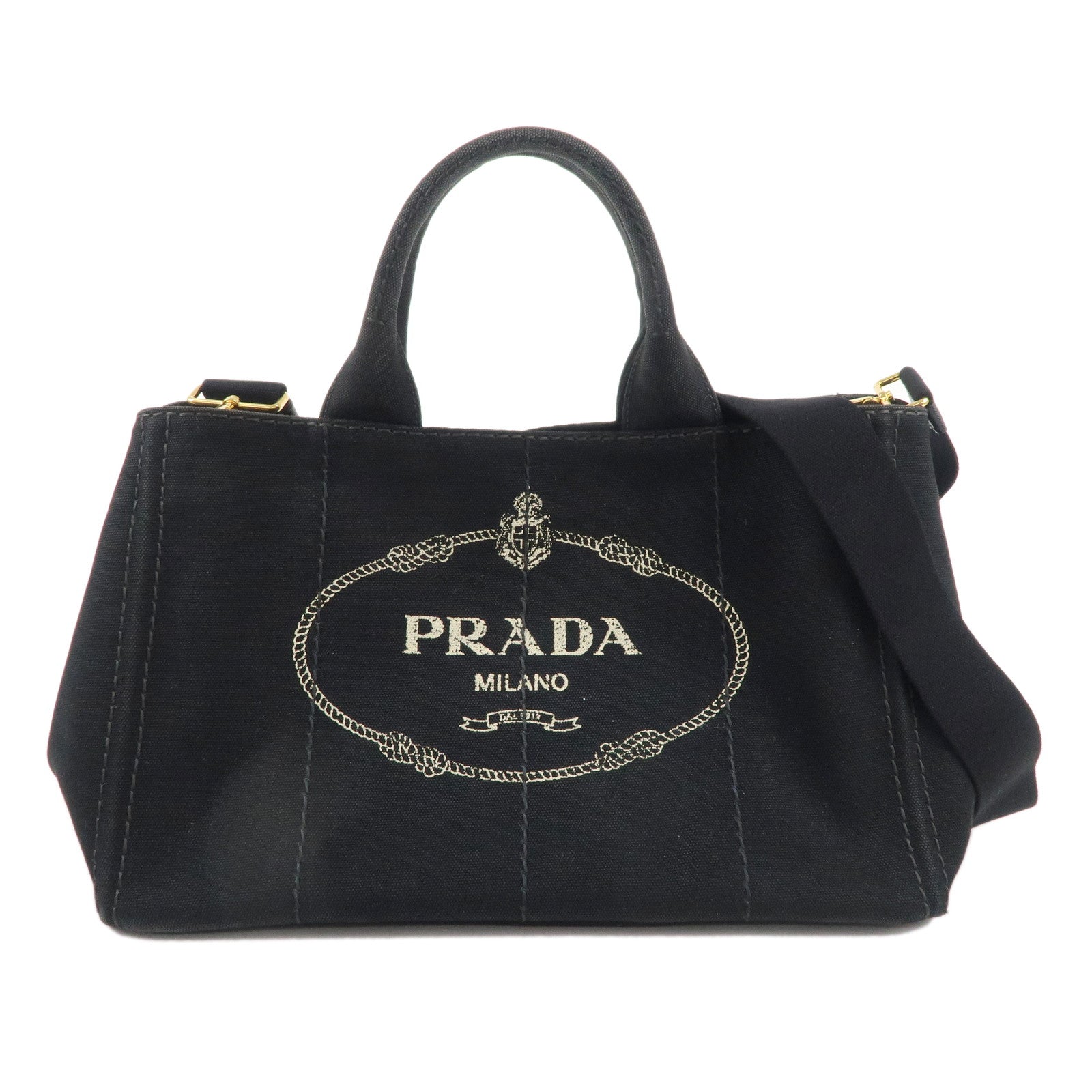 PRADA-Logo-Canapa-Canvas-2way-Hand-Bag-Black-1BG642