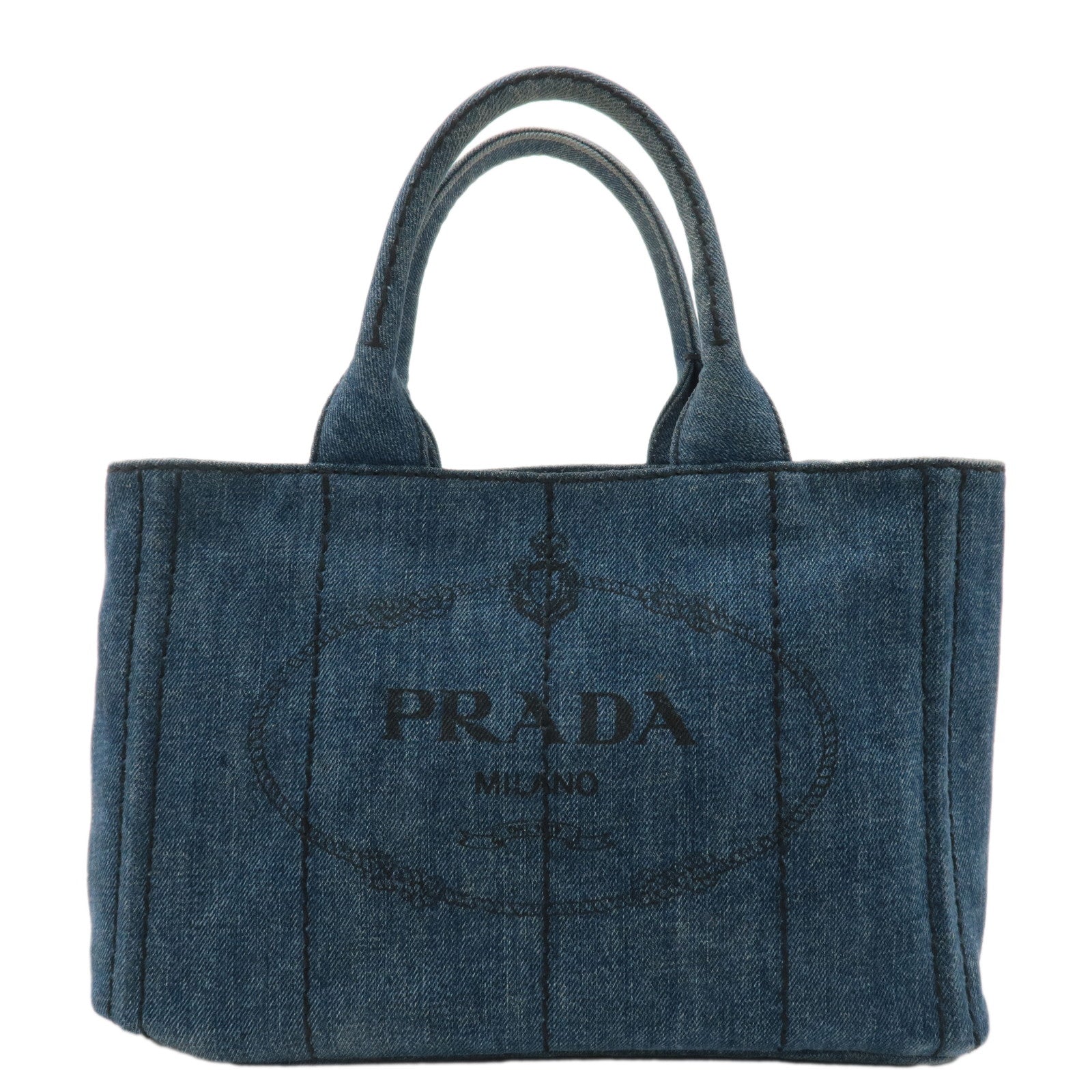 PRADA-Logo-Canapa-Mini-Denim-Hand-Bag-Tote-Bag-Navy