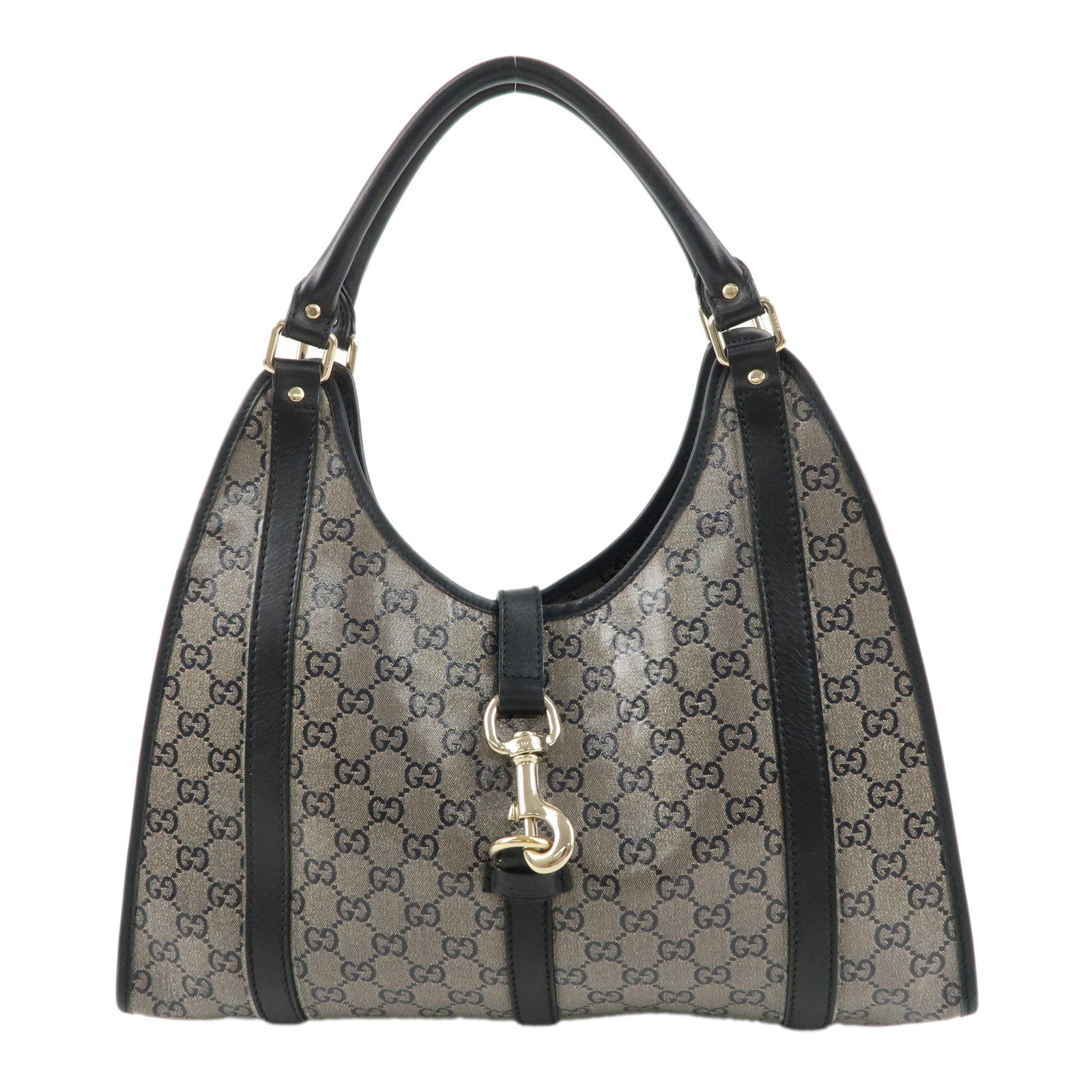 GUCCI-Jackie-GG-Supreme-Leather-Shoulder-Bag-Black-Gold-203494