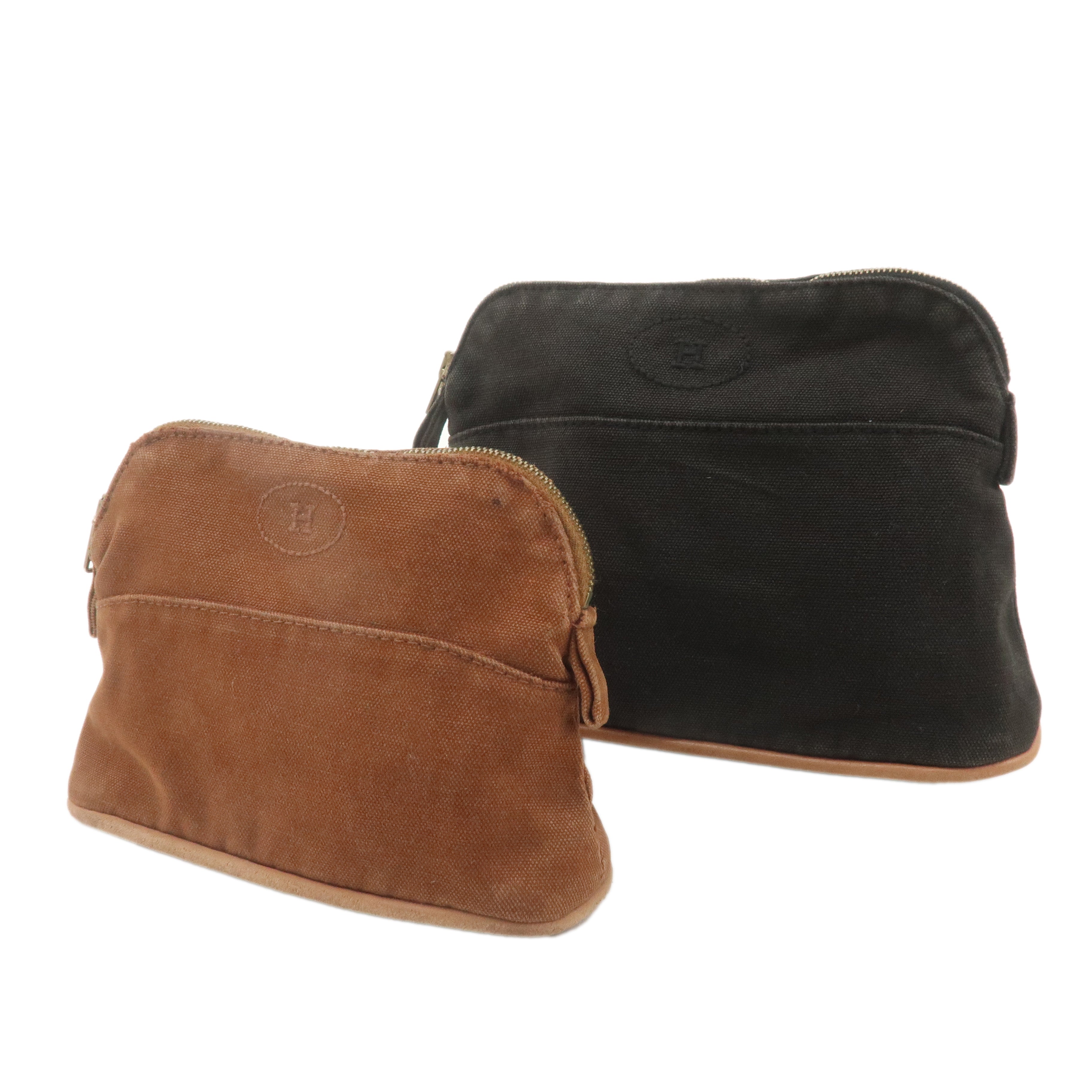 HERMES Set of 2 Canvas Leather Bolide Pouch Mini  Brown Black