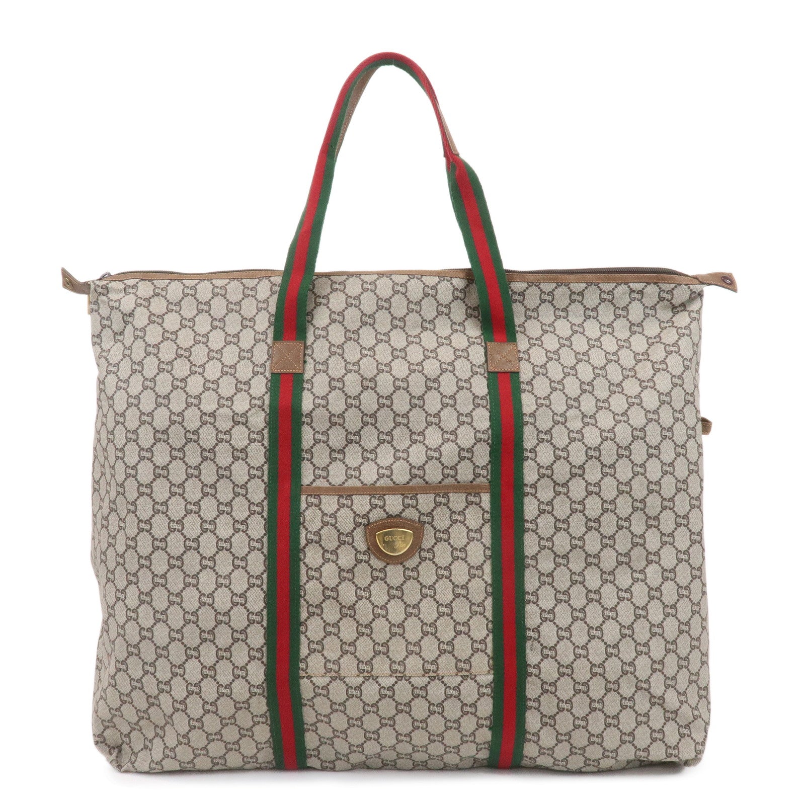 GUCCI-Old-Gucci-Sherry-GG-Plus-Leather-Travel-Bag-Boston-Bag