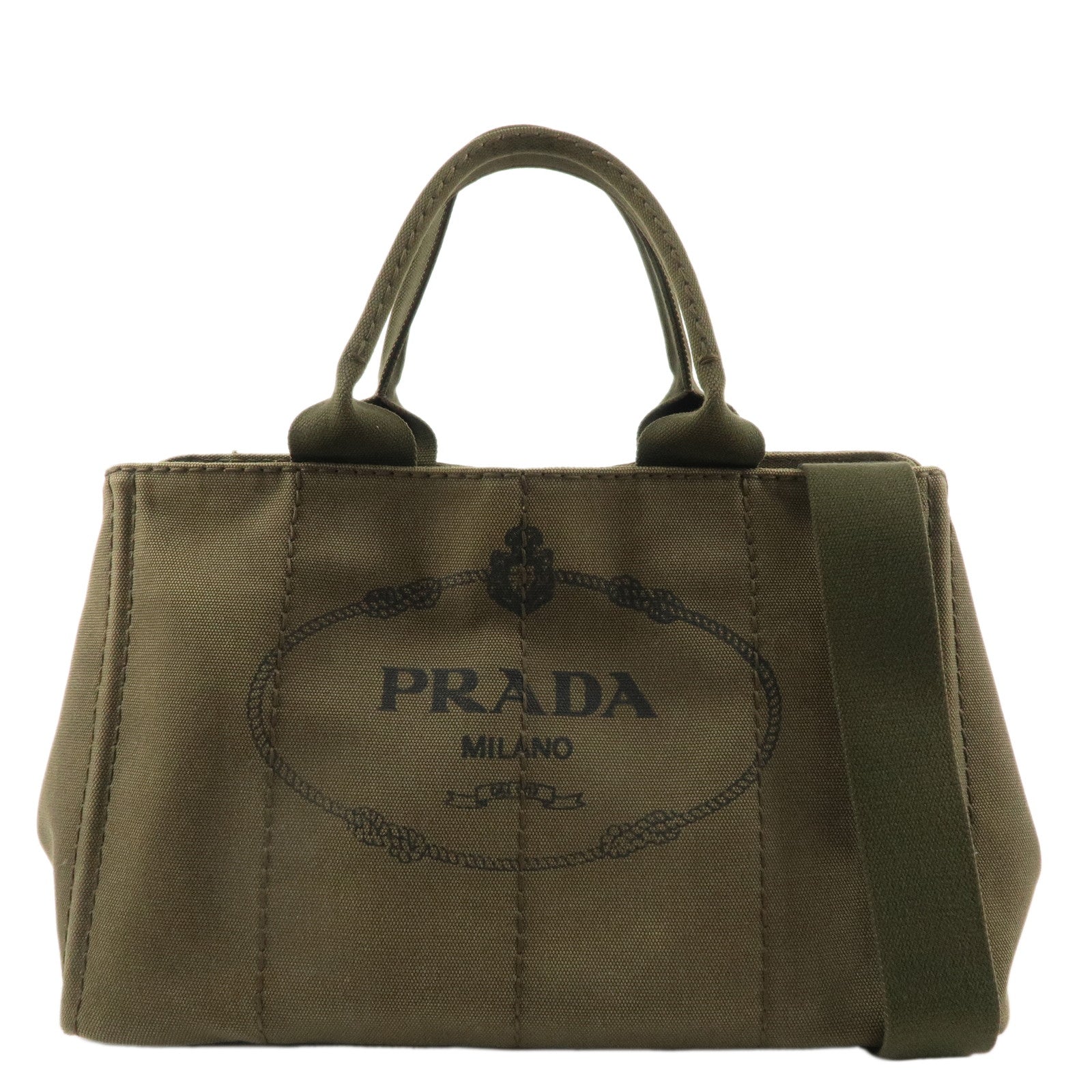 PRADA-Logo-Canapa-Canvas-2way-Tote-Bag-Hand-Bag-Khaki-BN2642