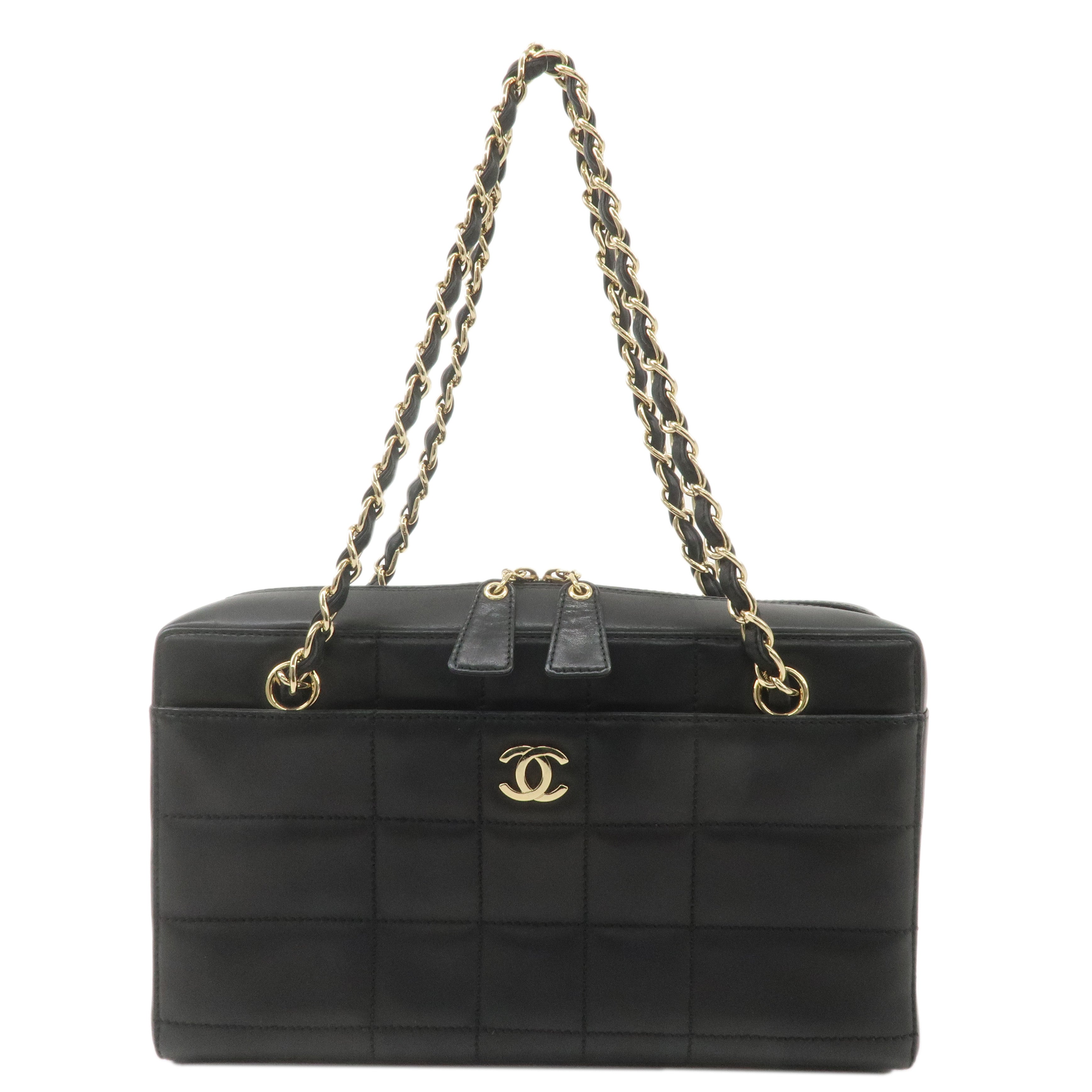 CHANEL Chocolate Bar Lamb Skin Chain Shoulder Bag Black