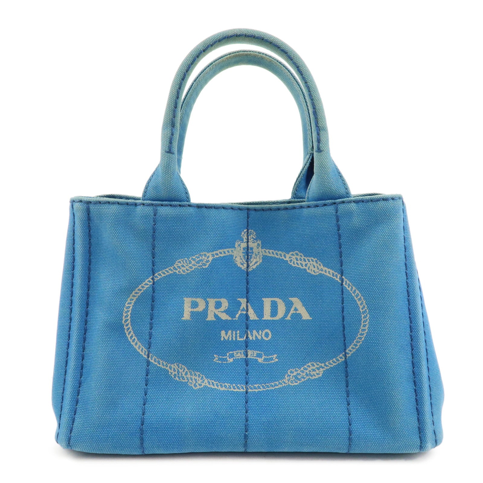 PRADA-Logo-Canapa-Mini-Canvas-Tote-Bag-Hand-Bag-Blue