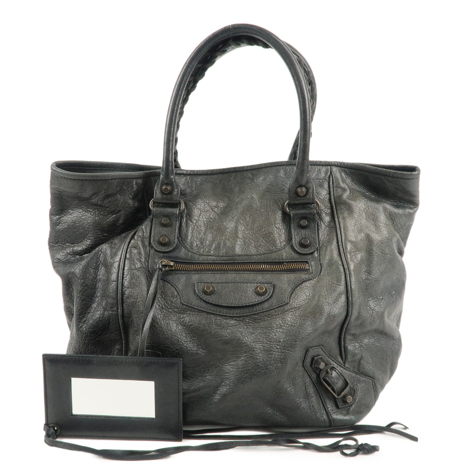 BALENCIAGA-Leather-The-Sunday-Tote-Hand-Bag-Dark-Gray-228750