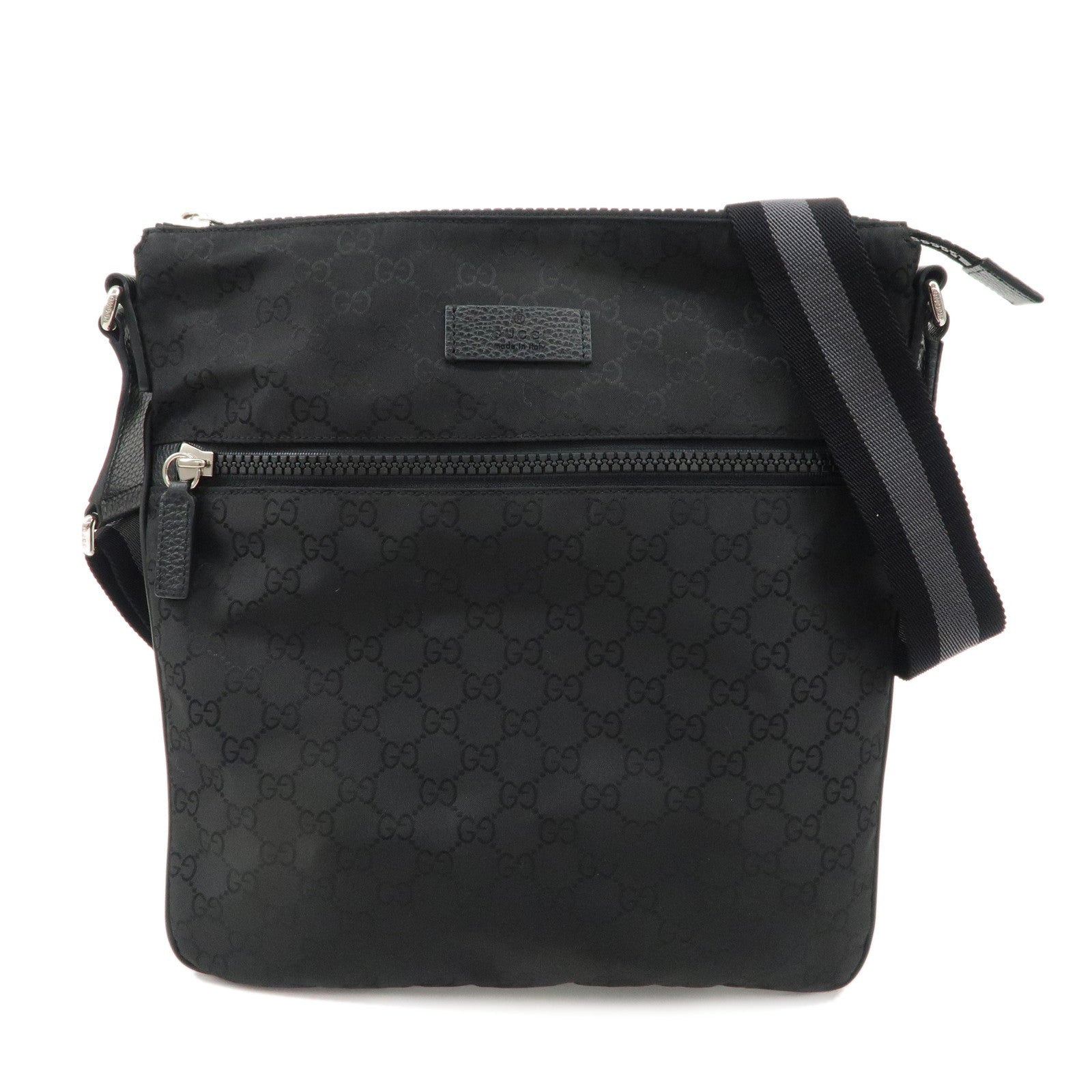 GUCCI-Sherry-GG-Nylon-Leather-Shoulder-Bag-Black-Gray-449185