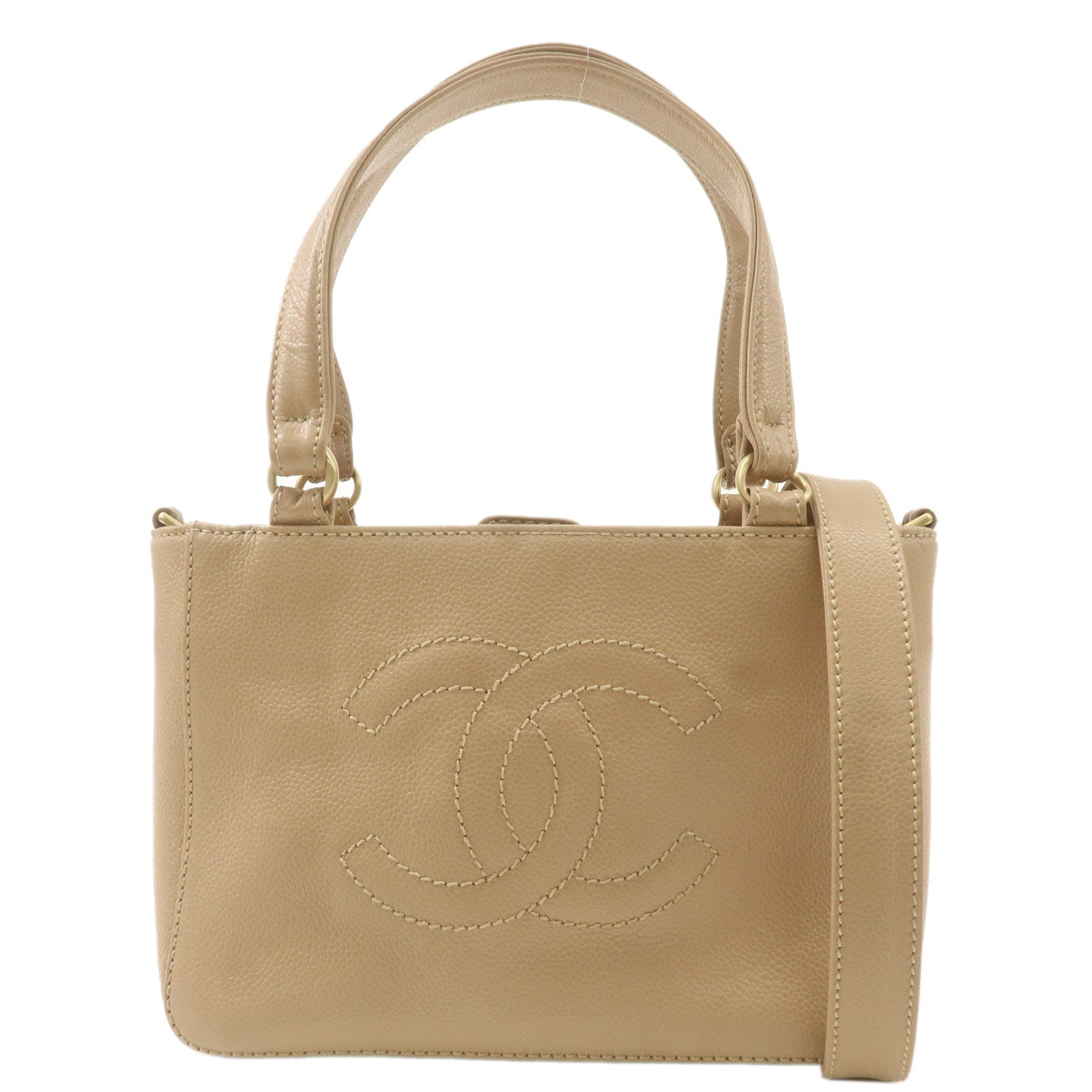 CHANEL-Coco-Mark-Caviar-Skin-2Way-Shoulder-Bag-Hand-Bag-Beige