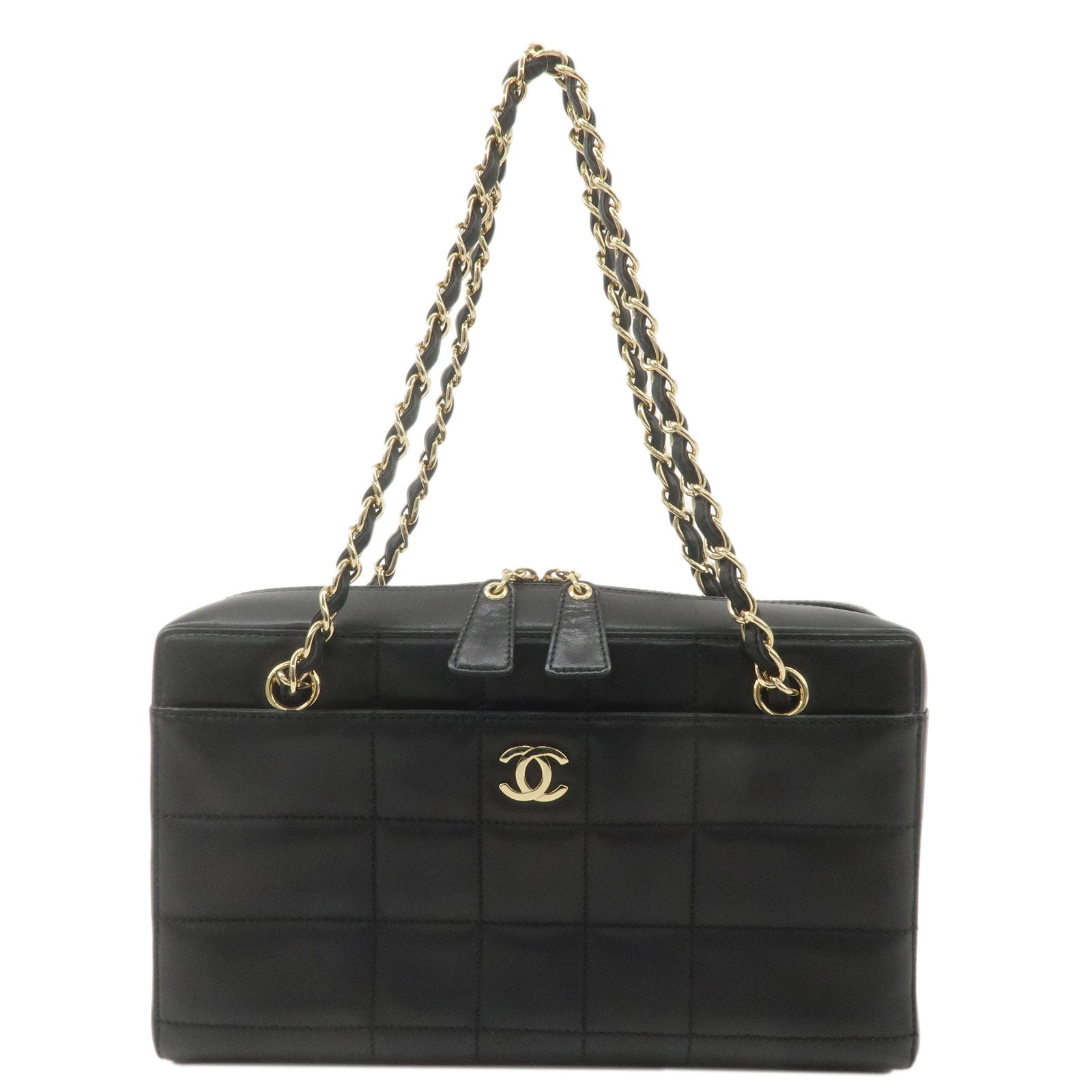 CHANEL-Chocolate-Bar-Lamb-Skin-Chain-Shoulder-Bag-Black