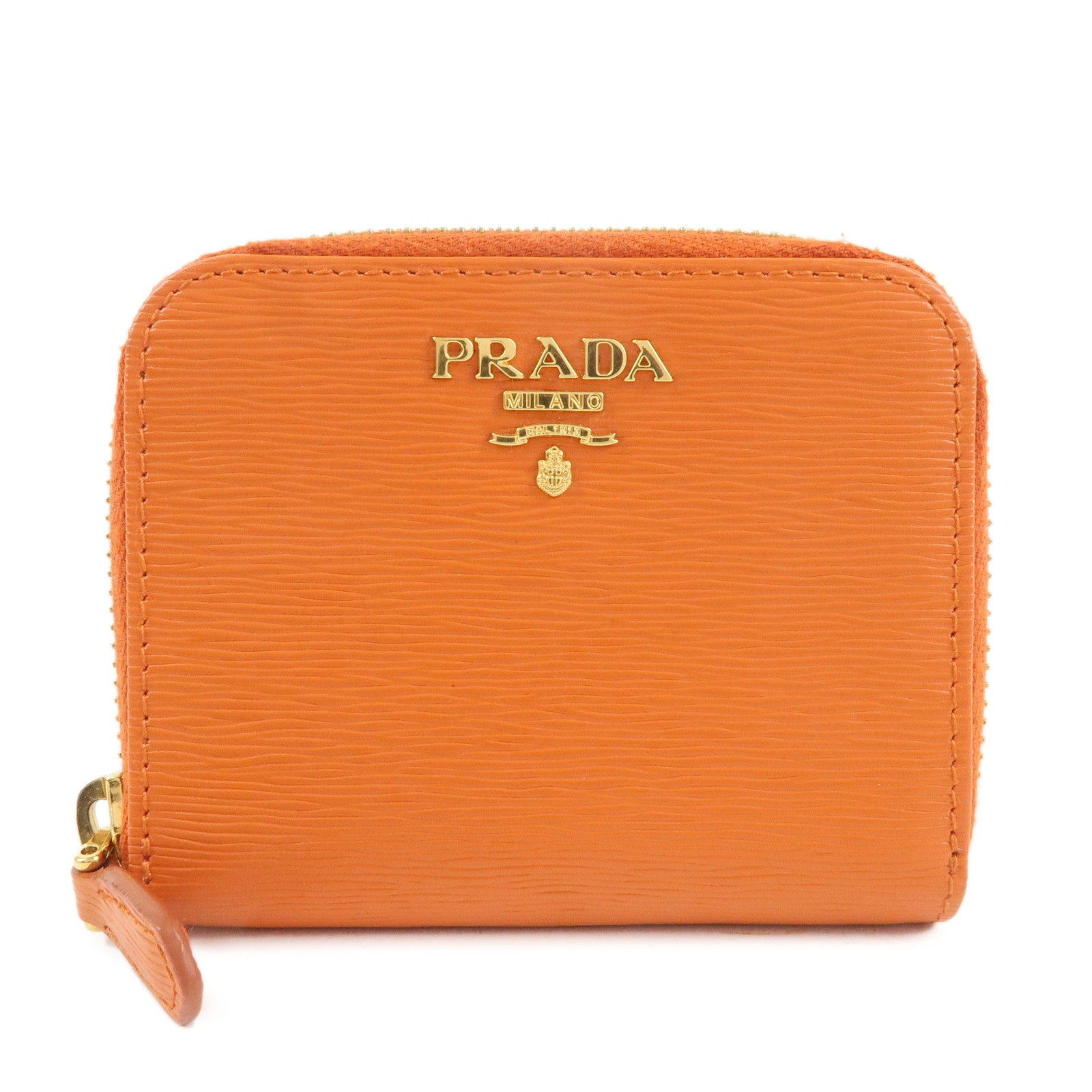 PRADA Saffiano Leather Round Zipper Coin Case Orange