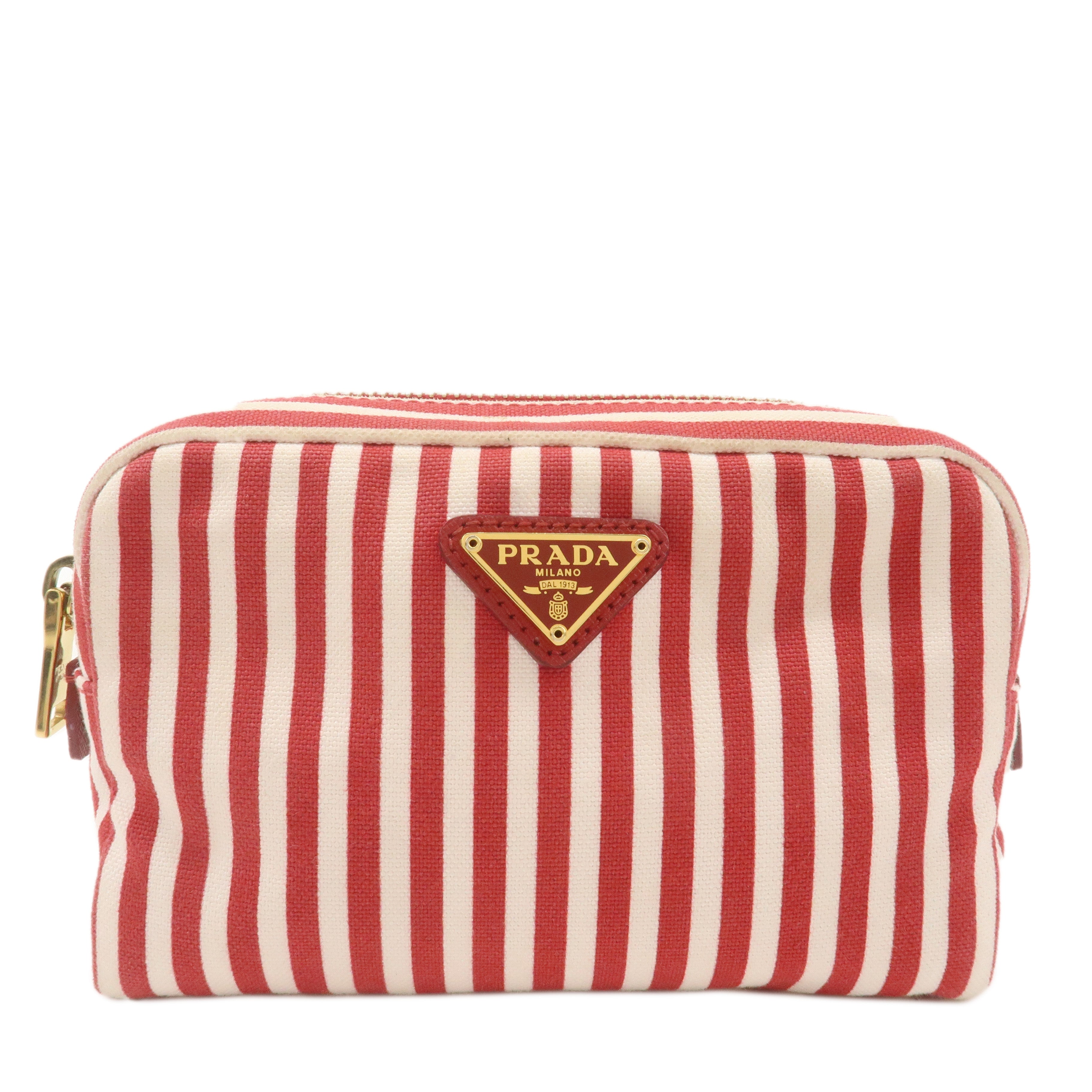 PRADA Logo Canvas Leather Pouch Cosmetic Pouch Stripe Red White