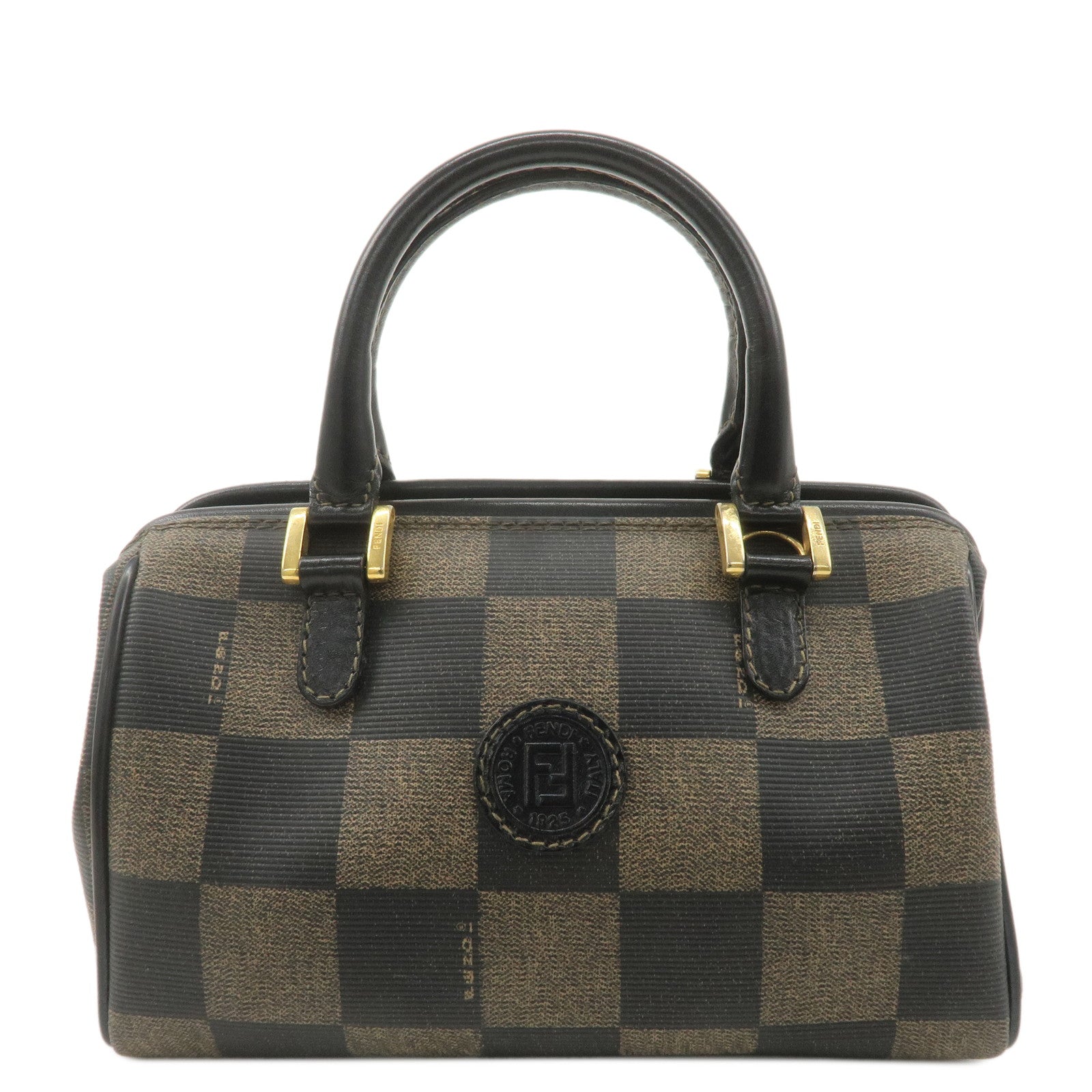 FENDI-Pequin-PVC-Leather-Mini-Boston-Bag-Brown-Black-259021