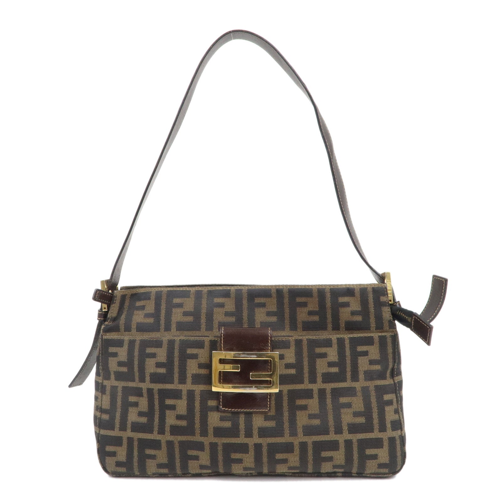 FENDI Zucca Canvas Leather Shoulder Bag Brown Black 26566