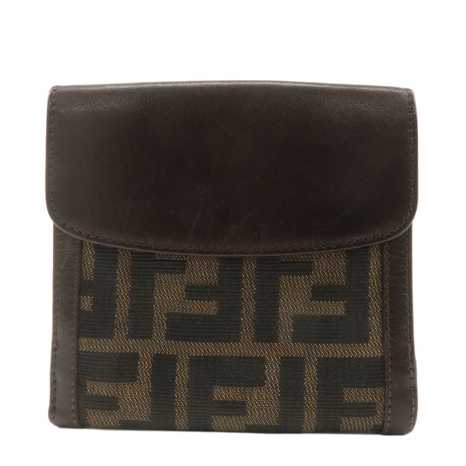 FENDI-Zucca-Canvas-Leather-W-Hook-Bi-fold-Wallet-Brown-Black-1695