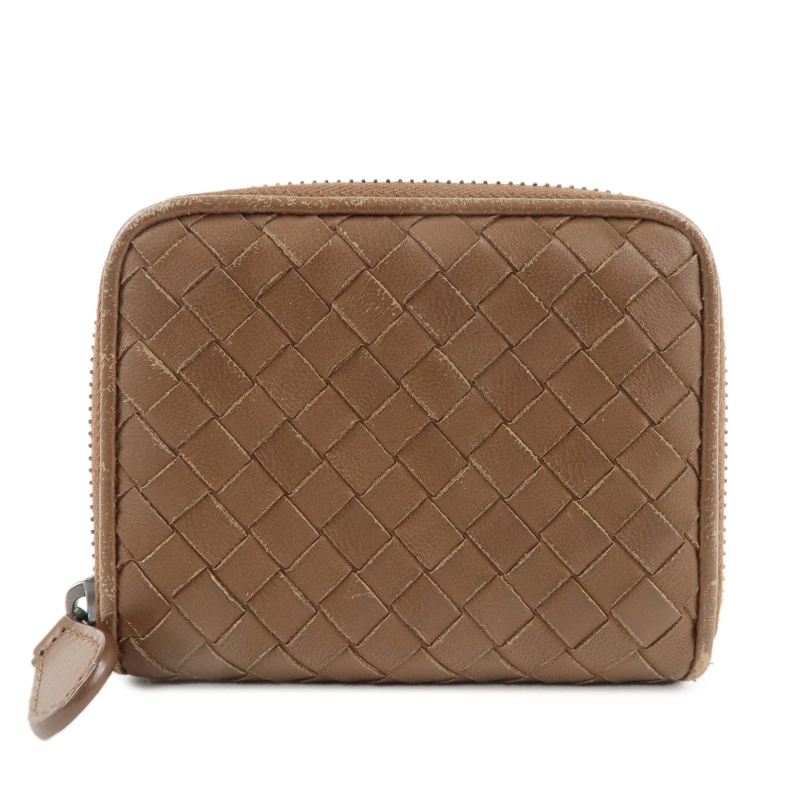 BOTTEGA-VENETA-Intrecciato-Leather-Round-Zipper-Coin-Case-Brown