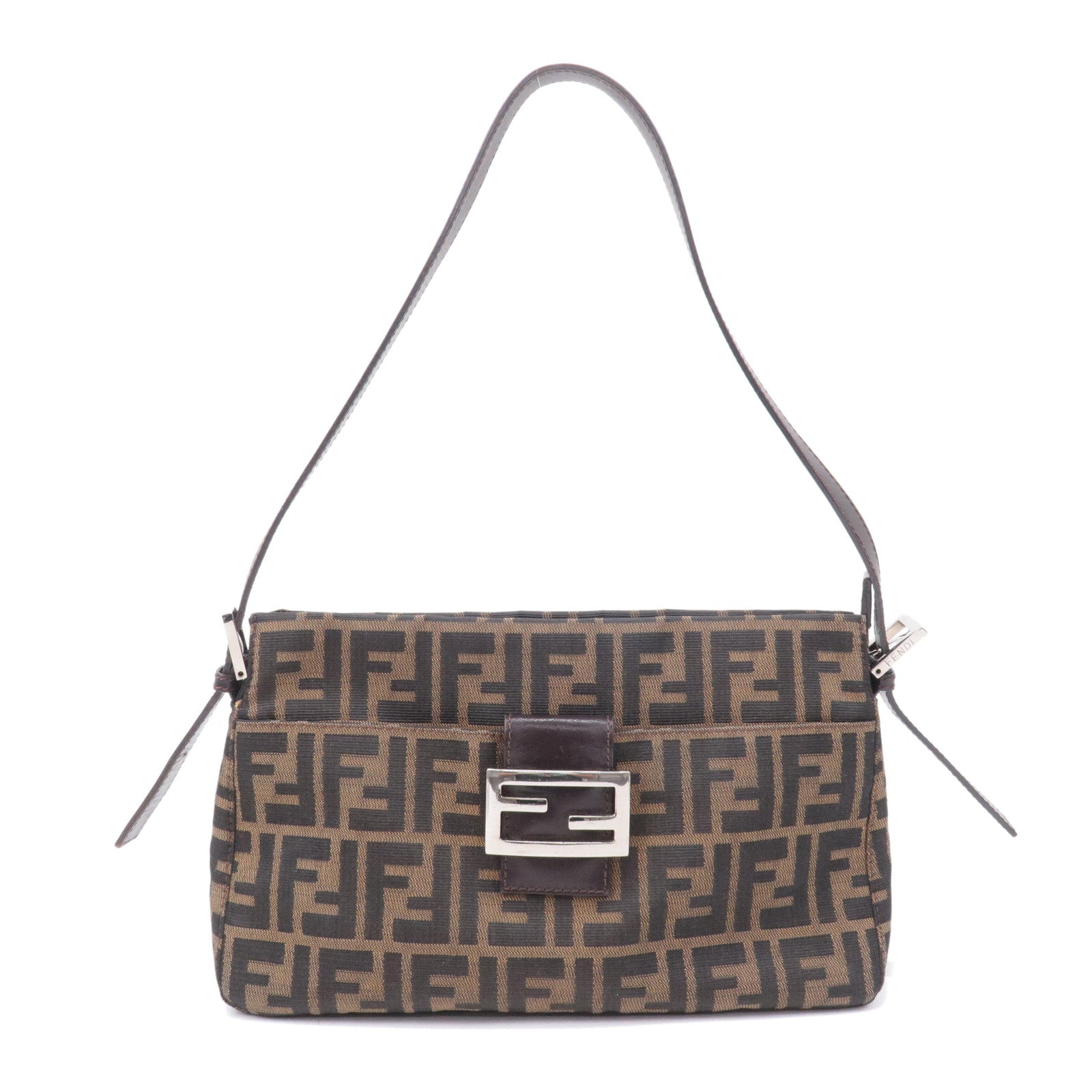 FENDI Zucca Canvas Leather Shoulder Bag Brown Black 26566