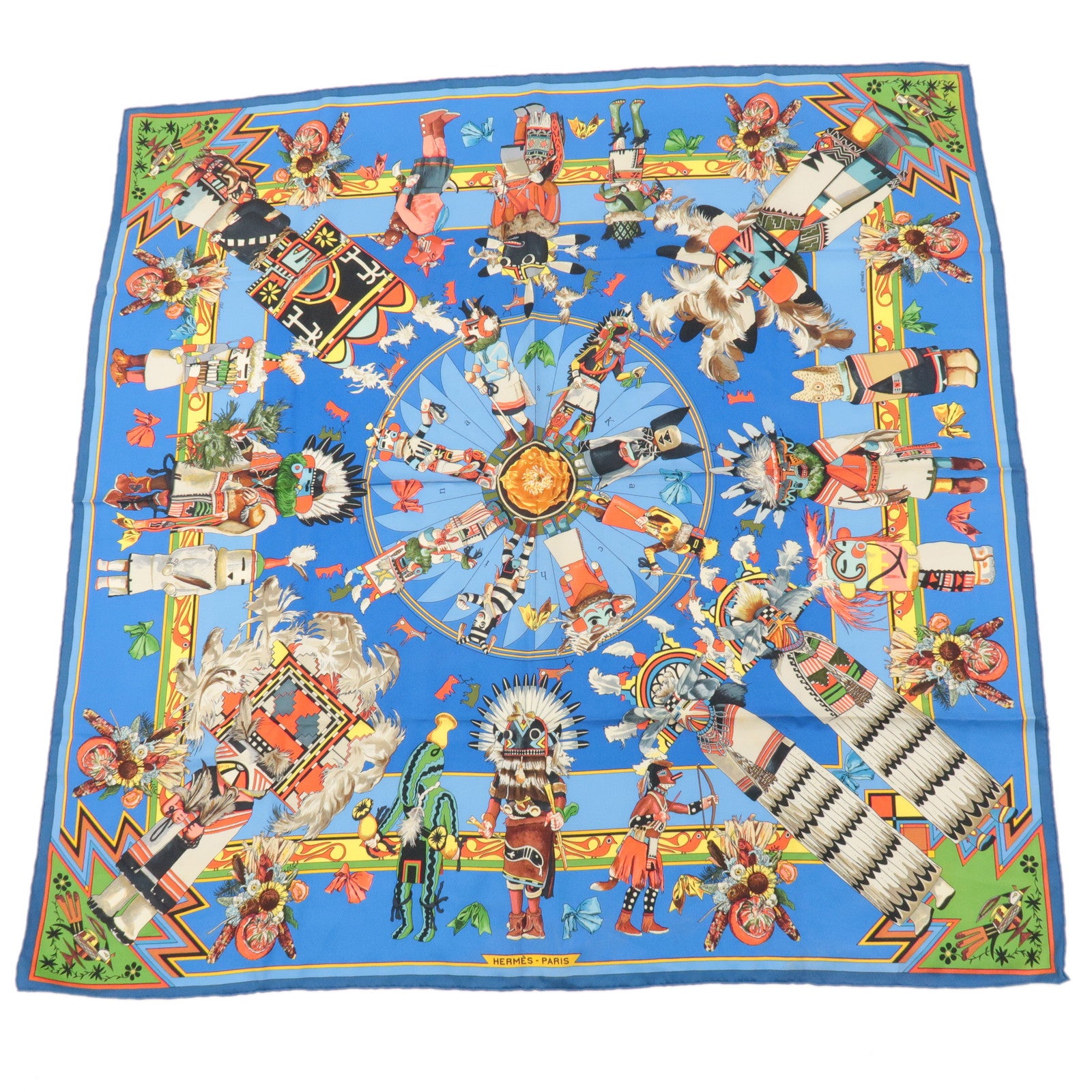 HERMES-Carre-90-Silk-100%-Scarf-Kachinas-Kachinas-Print-Blue