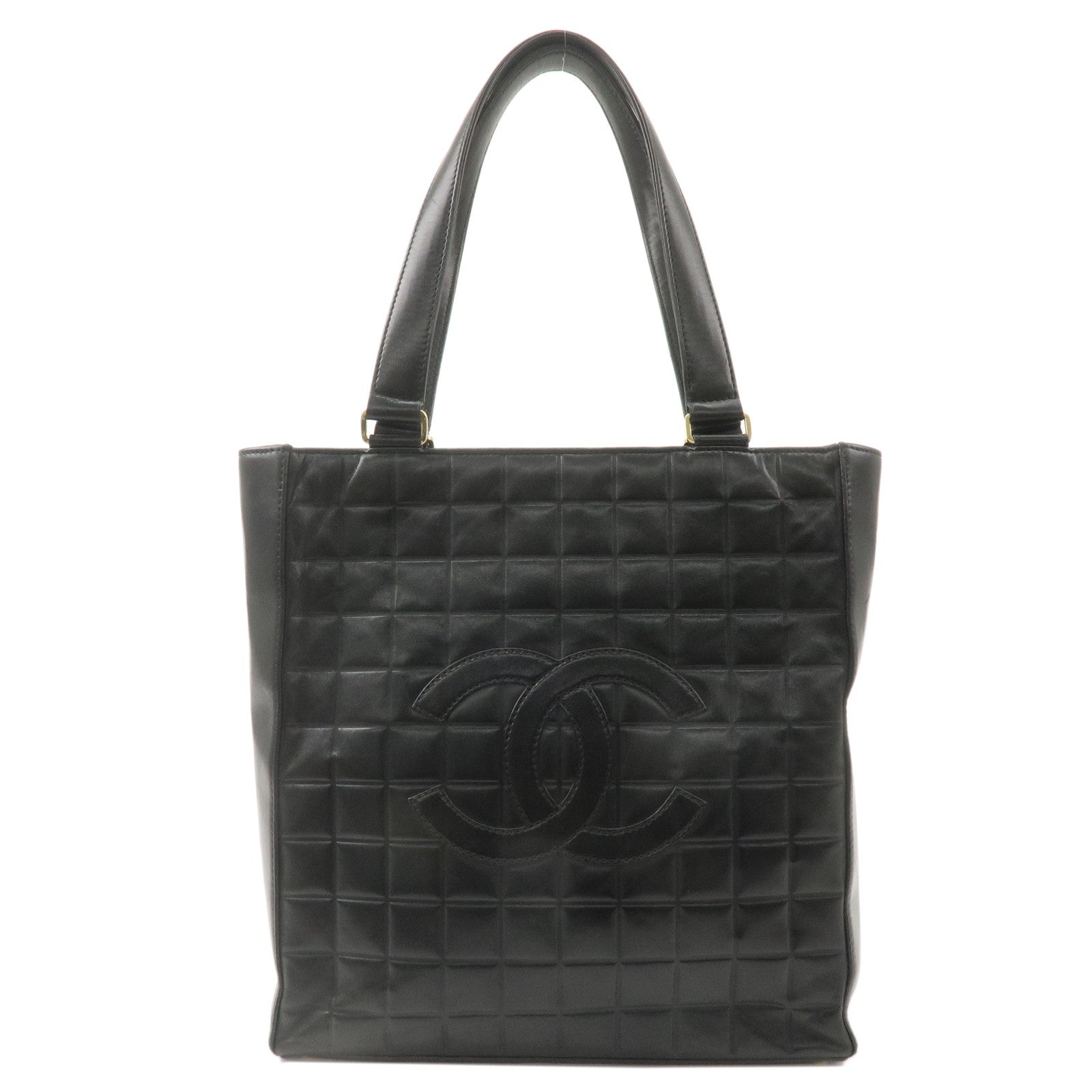 CHANEL-Chocolate-Bar-Lamb-Skin-Tote-Bag-Black-Gold-A17443