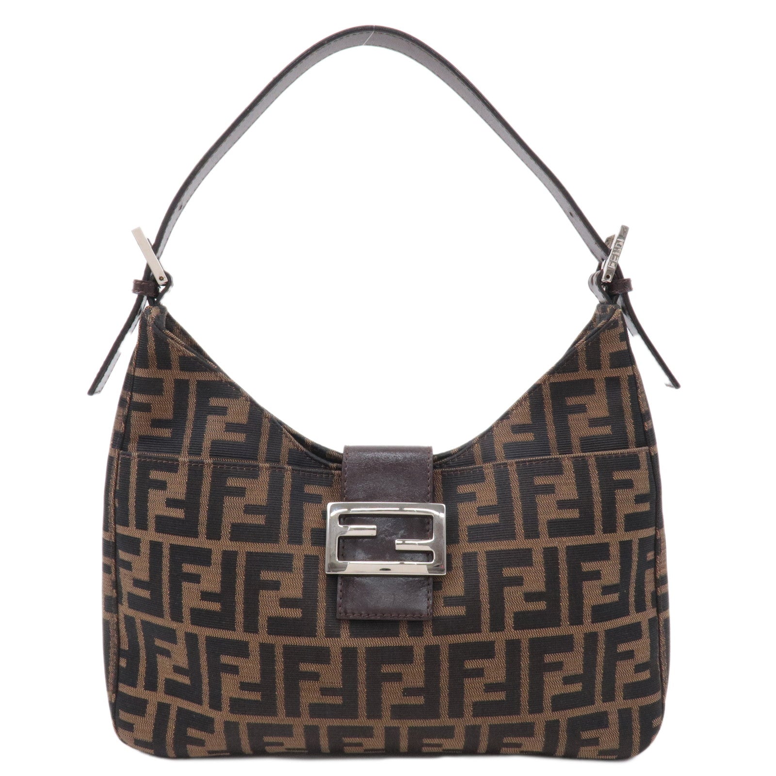 FENDI-Zucca-Canvas-Leather-Shoulder-Bag-Brown-Black-26569