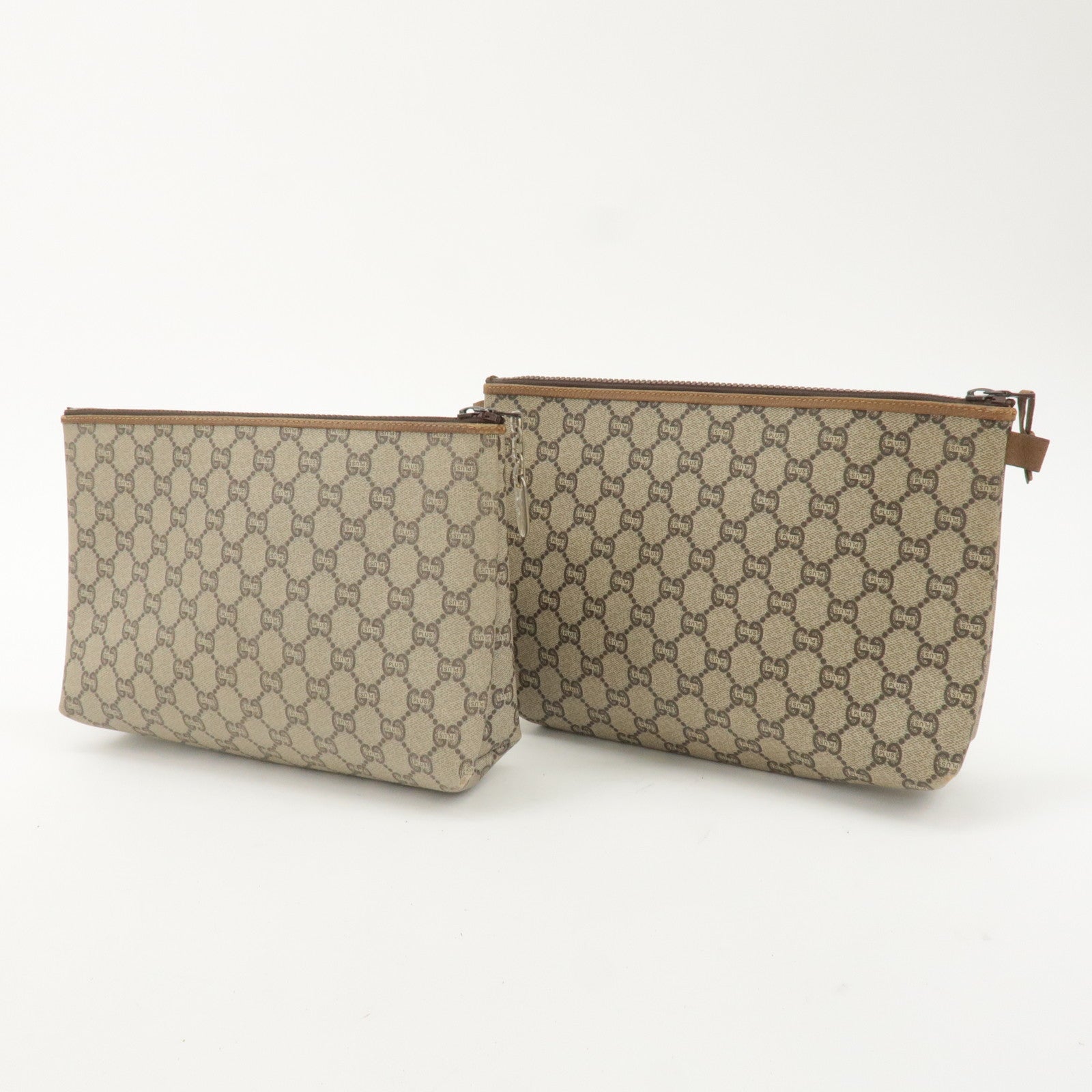 GUCCI Set of 2 GG Plus Leather Clutch Bag Pouch Beige Brown