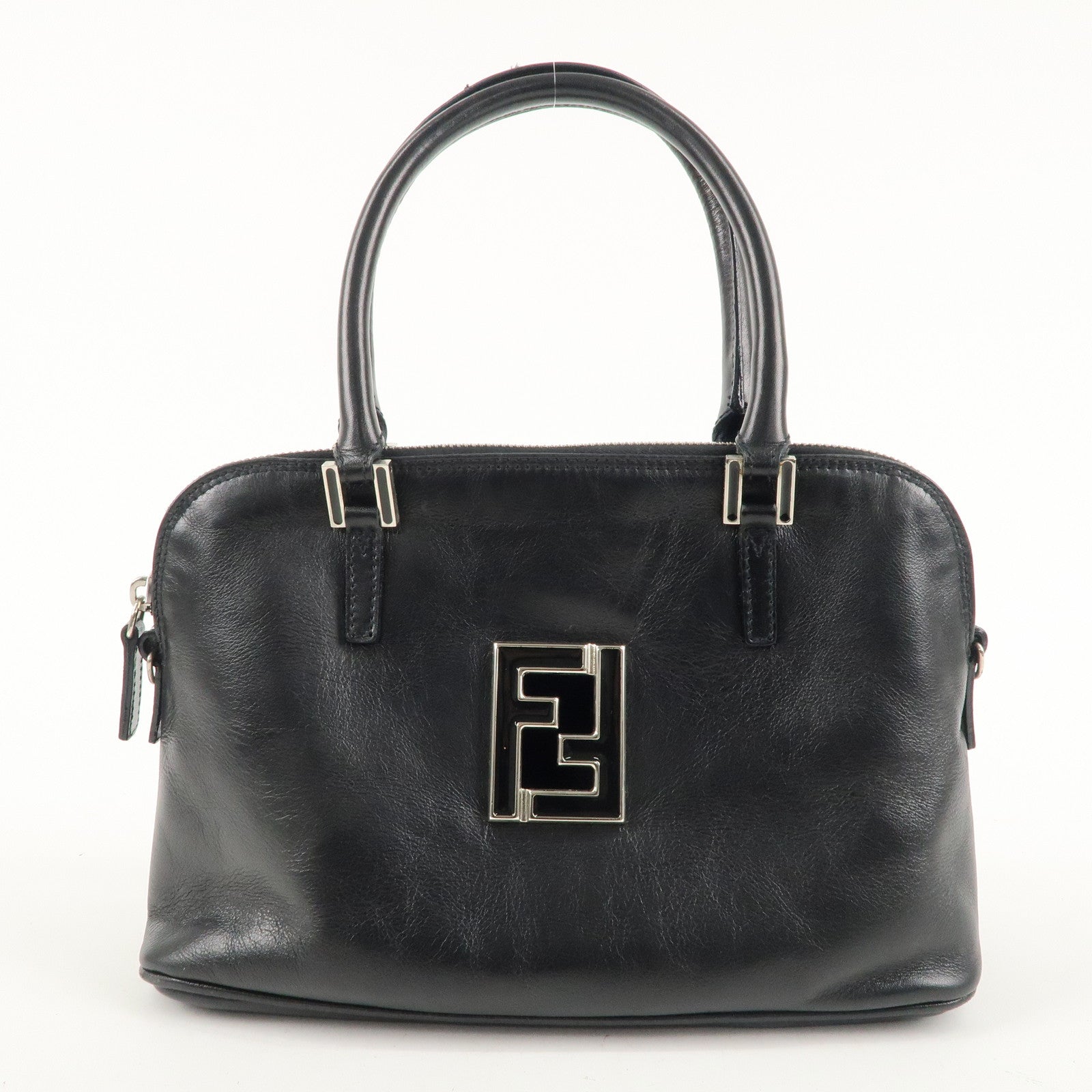 FENDI FF Logo Leather Hand Bag Silver HDW Black 15563